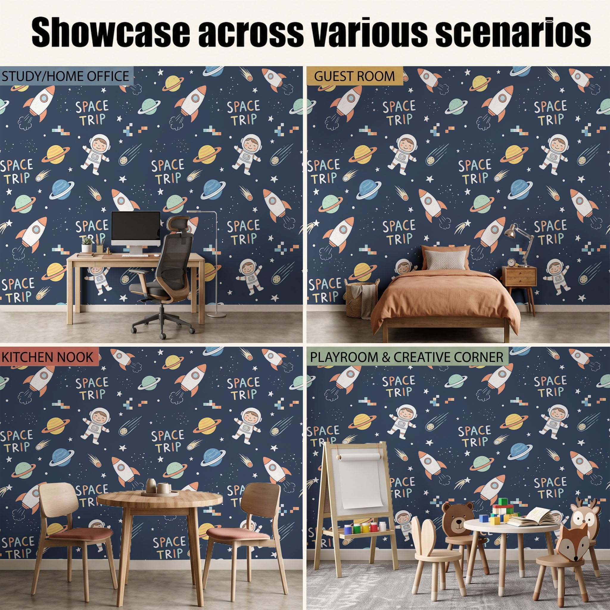 Papier Peint Panoramique 200X140Cm Astronaute Amusant Dans L'Espace | Bleu Marine Papier Peint Intissé Tapisserie Poster Décoration Murale Pour Salon Chambre - Fusées Planètes Galaxies