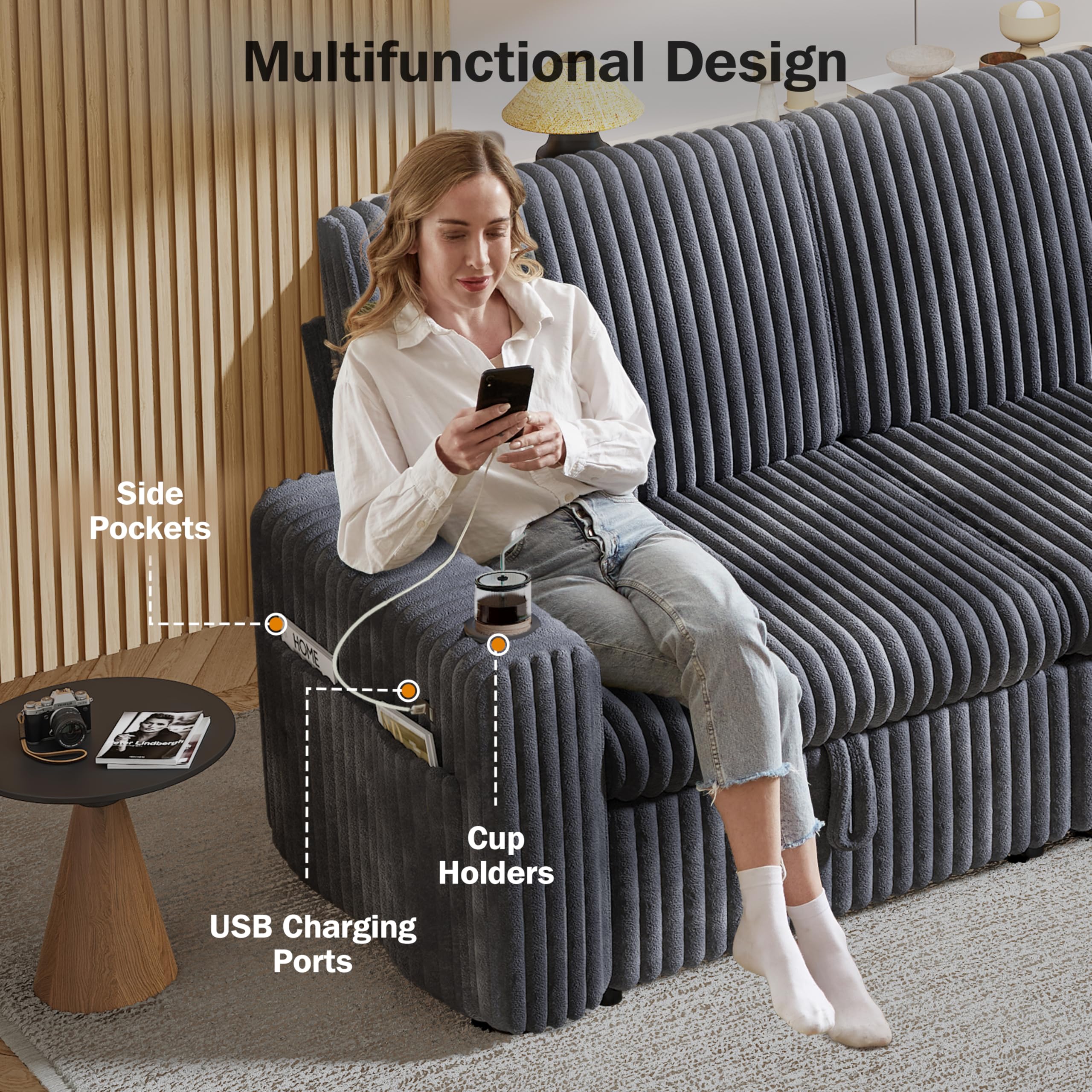 Best Reclining Sofa with Chaise: 2026 Picks 1 Sunny Heart 101' Plush Corduroy L Shaped Sectional Sleeper Sofa Bed with Pull Ou — product photo