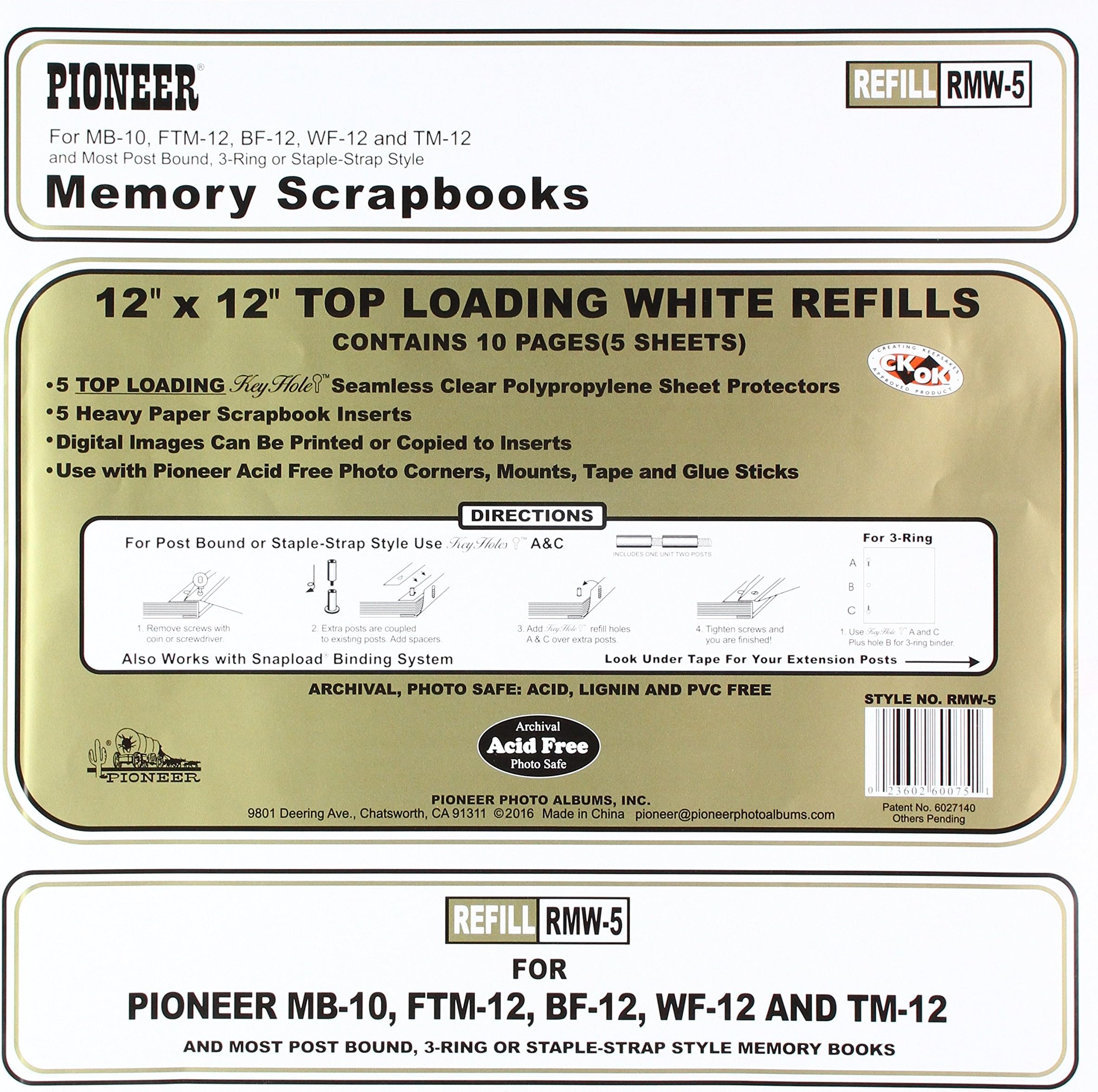 Pioneer Photo Albums Bund Top Loading Page Protectors with White Inserts, 12 by 12-Inch, 5-Pack
