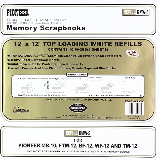 Pioneer Postbound Top Loading Page Protectors 5/Pkg, 12-Inch by 12-Inch with White Inserts