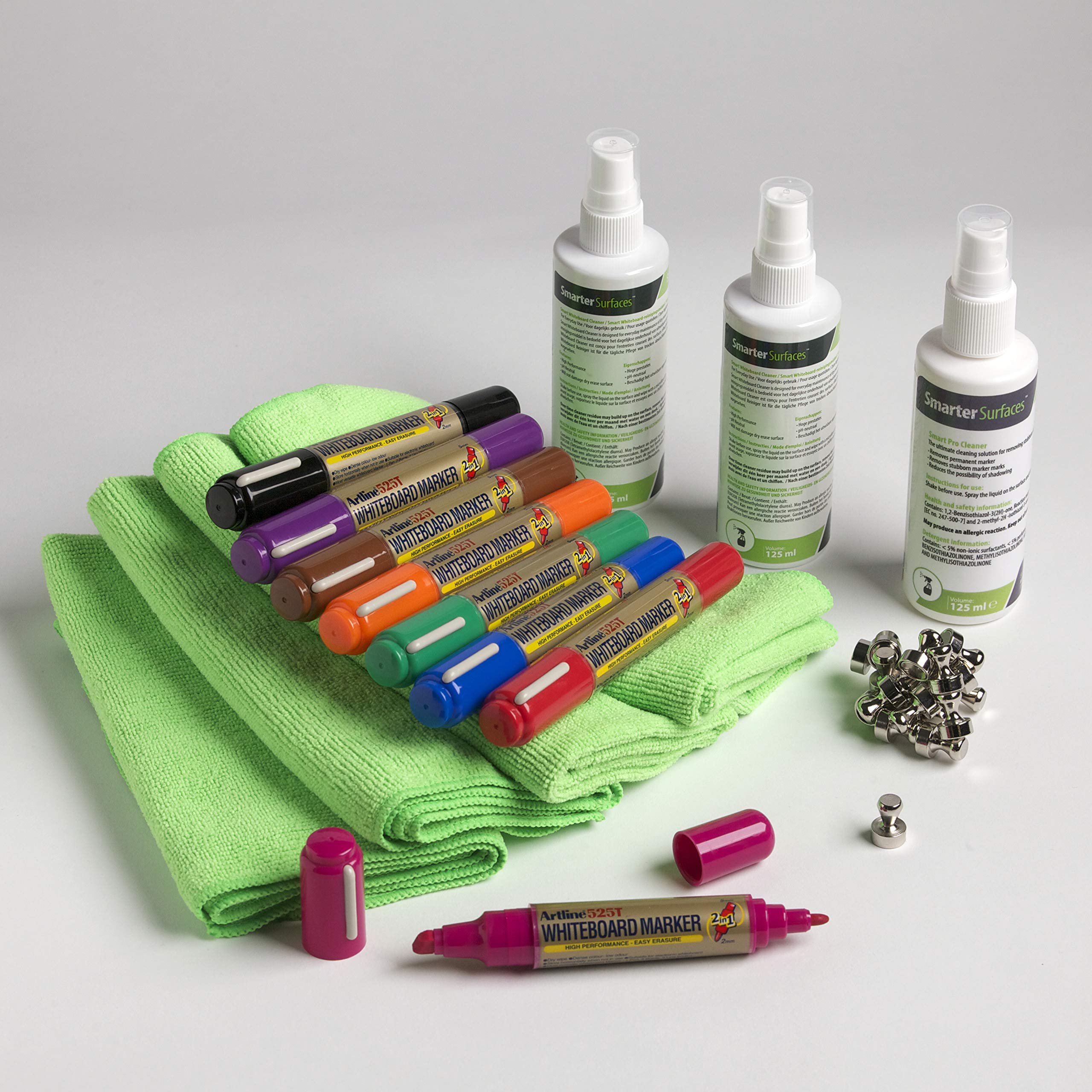 Magnetisches Whiteboard Zubehör Set - 30 Neodym Magnete - 8 Marker - 2 Reinigungsspray - 1 permanent Tinten Entferner - 3 Mikrofaser Reinigungstücher