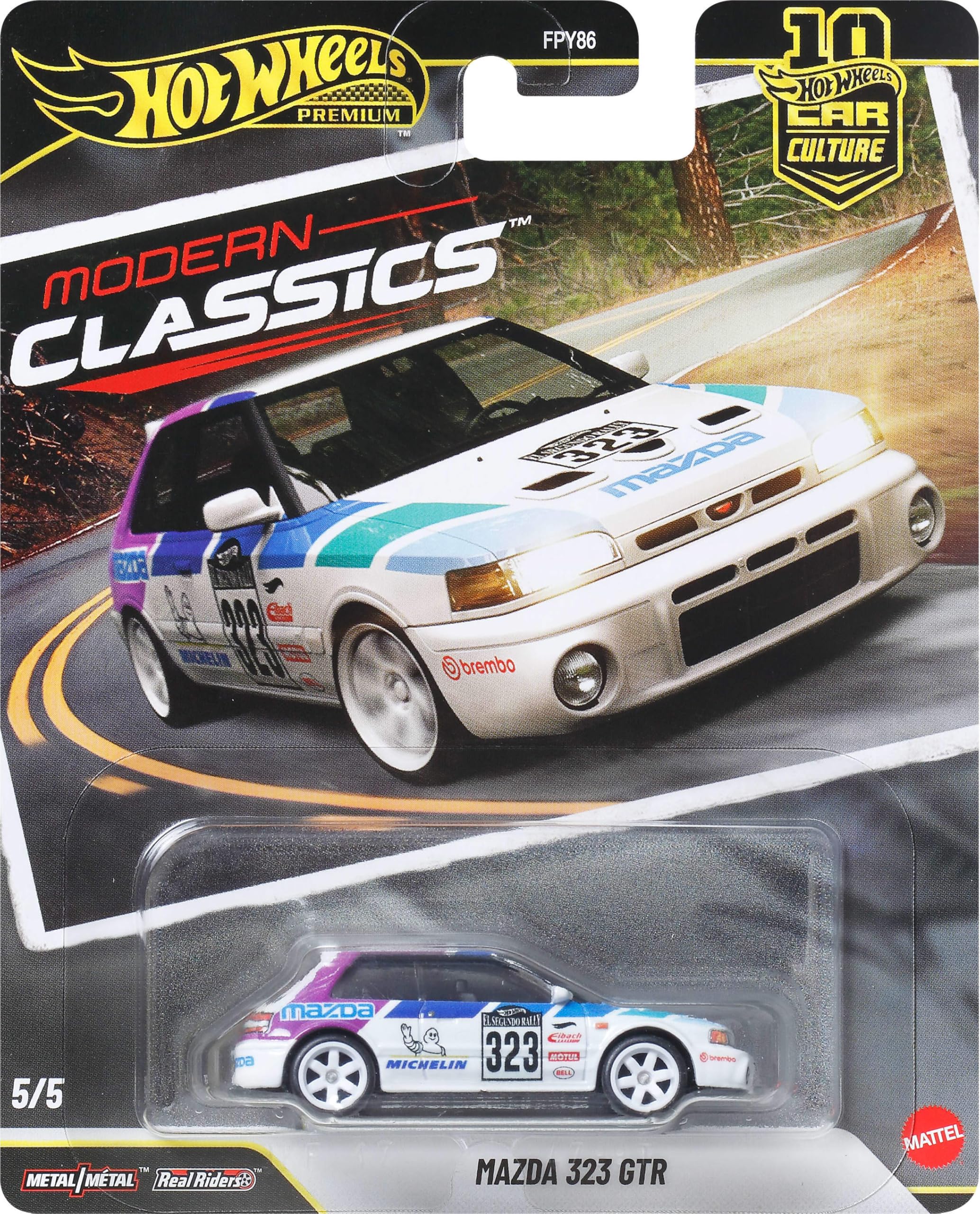 Hot Wheels Premium Car Culture - Mazda 323 GTR, modellino da collezione in scala 1:64 con telaio in metallo e pneumatici Real Riders, decorazioni premium e dettagli realistici, 3+ anni, JKF17 - 1