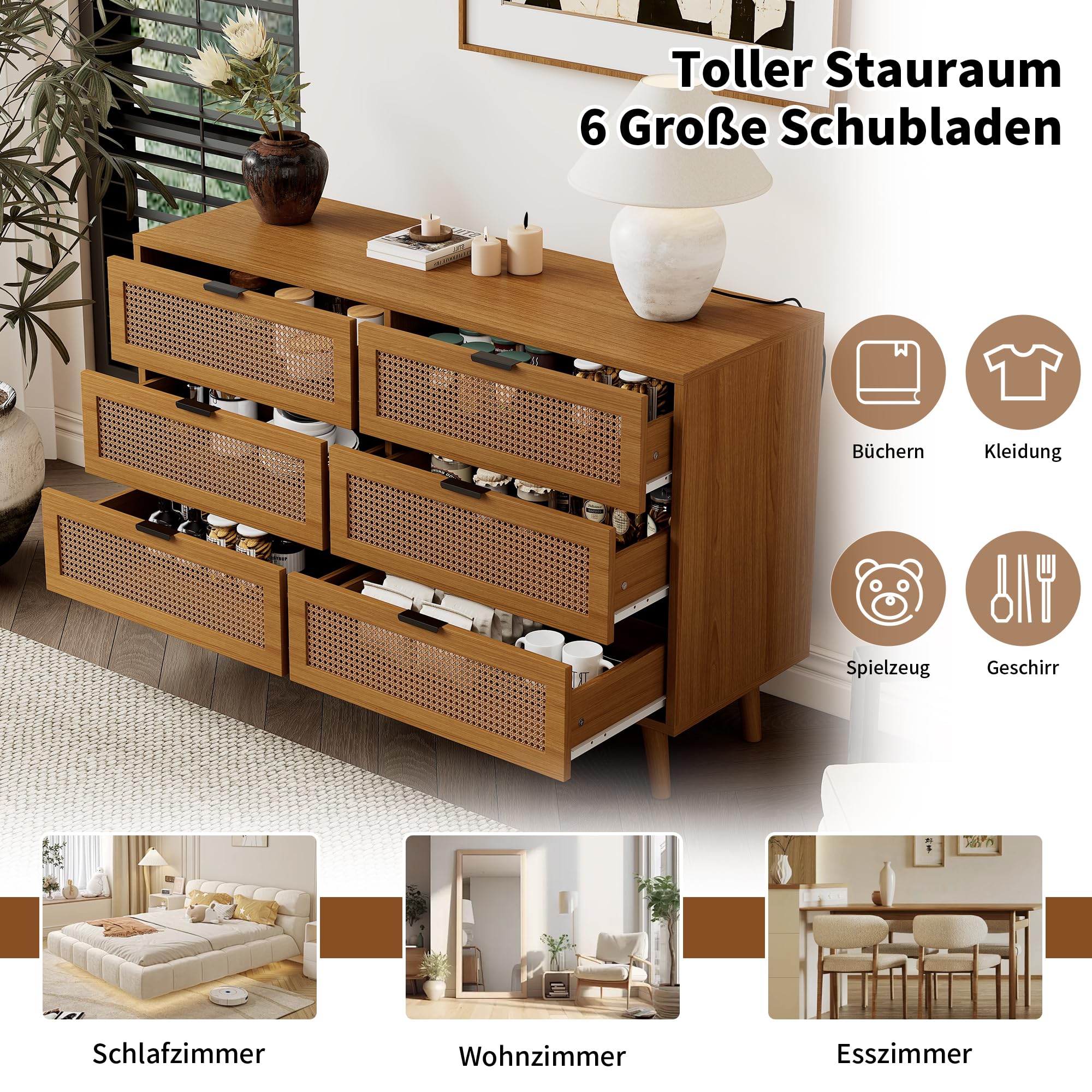Cassettiera 6 Cassetti In Legno Noce Con Manici In Metallo – Credenza Da Soggiorno O Camera Da Letto, 120x76,5x40 Cm - 2