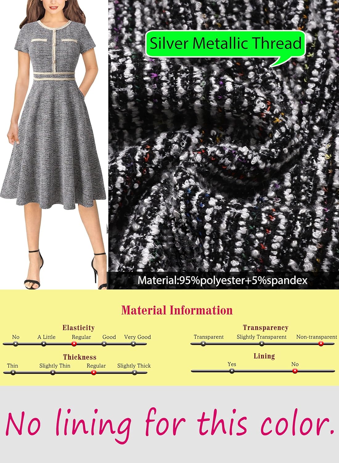 VFSHOW Womens Buttons Pockets Office Business A-Line Dresses Short Sleeve Work Crew Neck Tweed Trim Fit and Flare Swing Dress - Image 7