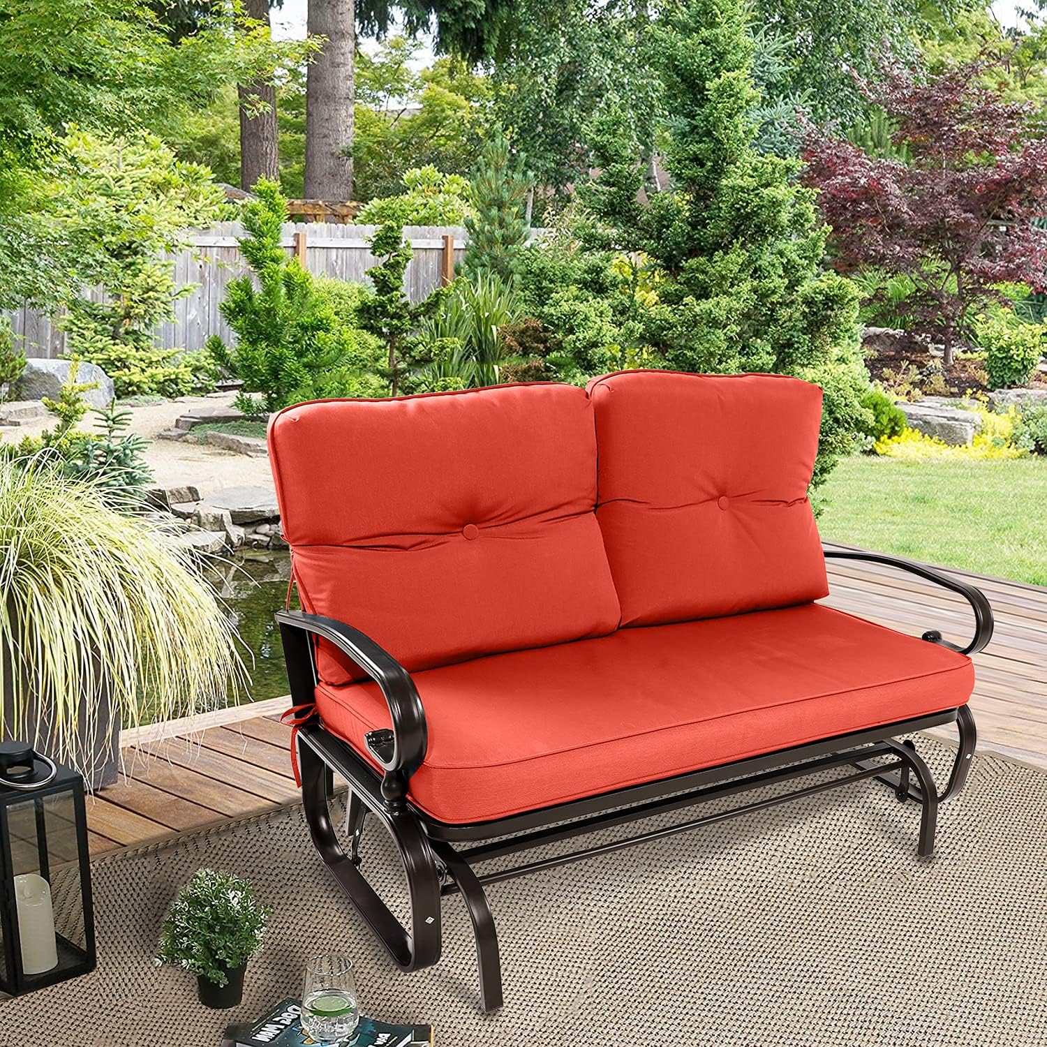 Crownland Outdoor Patio Glider Rocking Bench,Porch Furniture Glider Loveseat Seating,Wrought Iron Chair Set with Cushion, Red : Patio, Lawn & Garden
