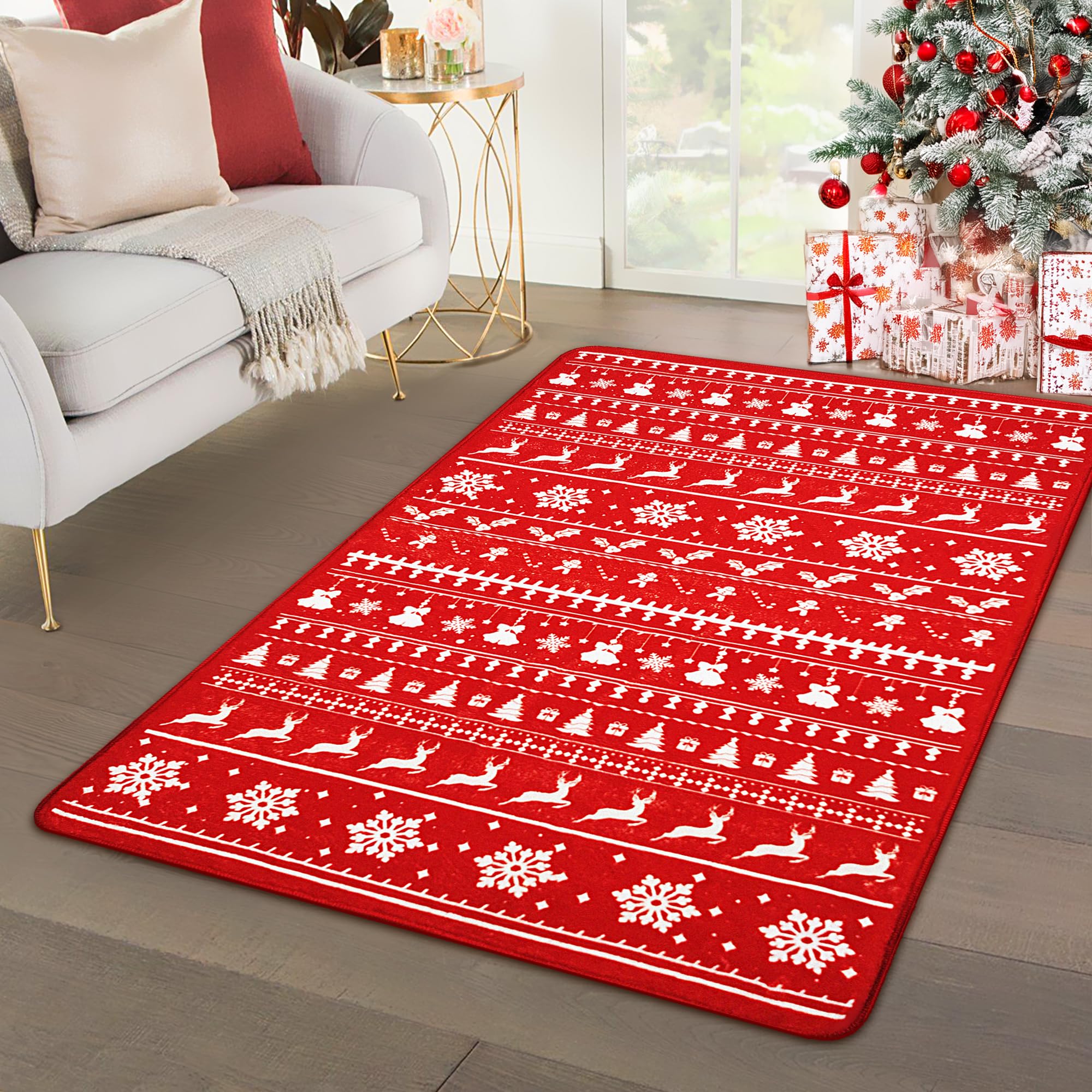 Alfombra de Navidad de 3 x 5 pies, diseño de copos de nieve y árbol de Navidad, alce, de perfil bajo, lavable a máquina, alfombra de interior, decorativa, antideslizante, para sala de estar y