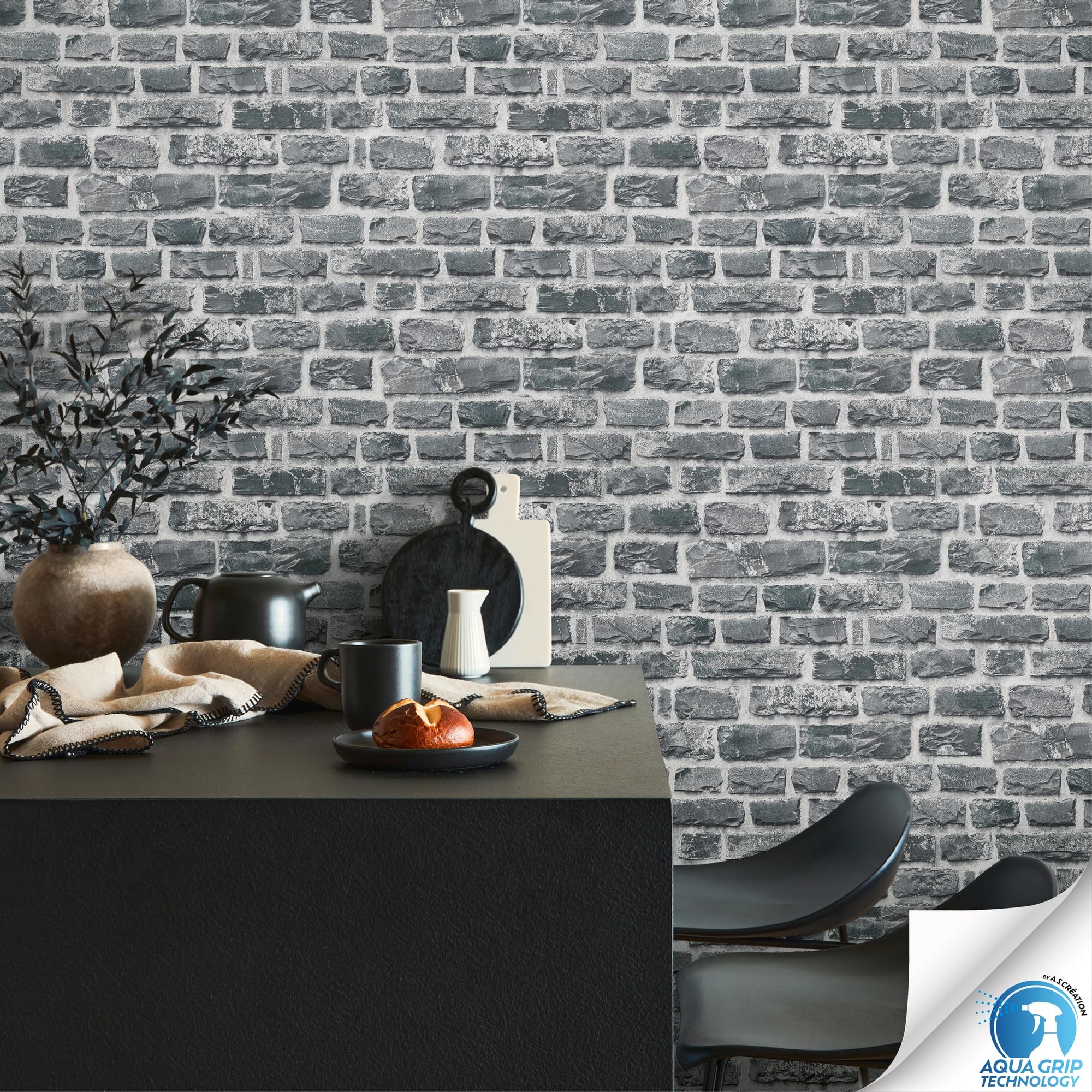 Livingwalls Wallpaper DESIGNDROP, precovered Non-Woven Wallpaper Stone in Grey, Black, 10,05m x 0,53m - Image 4