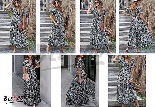 Miniatura 3 de BLENCOT - Vestido de noche para mujer, informal, de estilo bohemio, con estampado floral, cuello en V, de manga corta, largo, fruncido, ideal