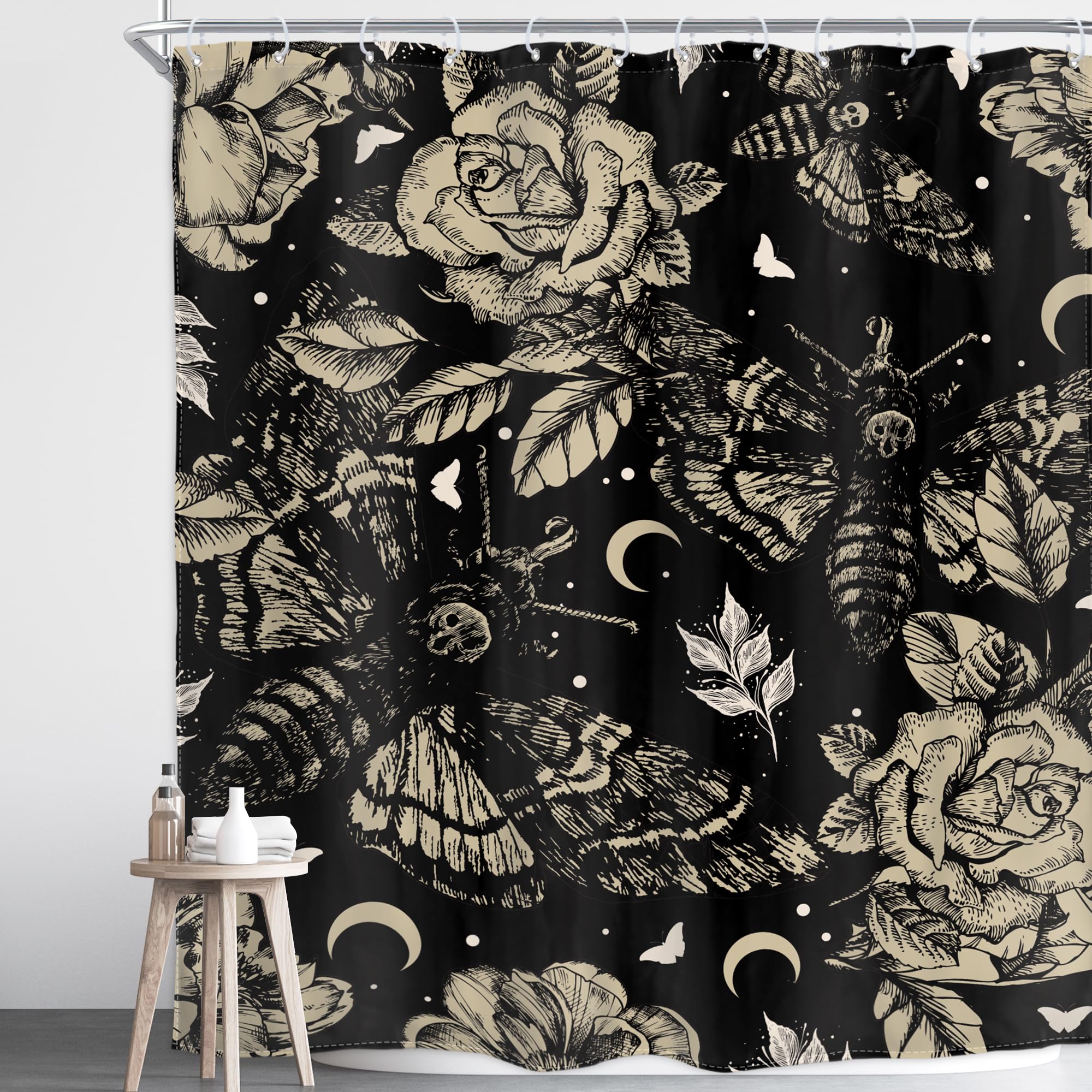Homewelle Gothic Moth Skull Shower Curtain Black Floral Death Head Vintage Butterfly Flowers Plants 72Wx72H Inch Retro Moon Night Starry Sky Mysterious Waterproof Polyester Fabric Bathroom Bathtub