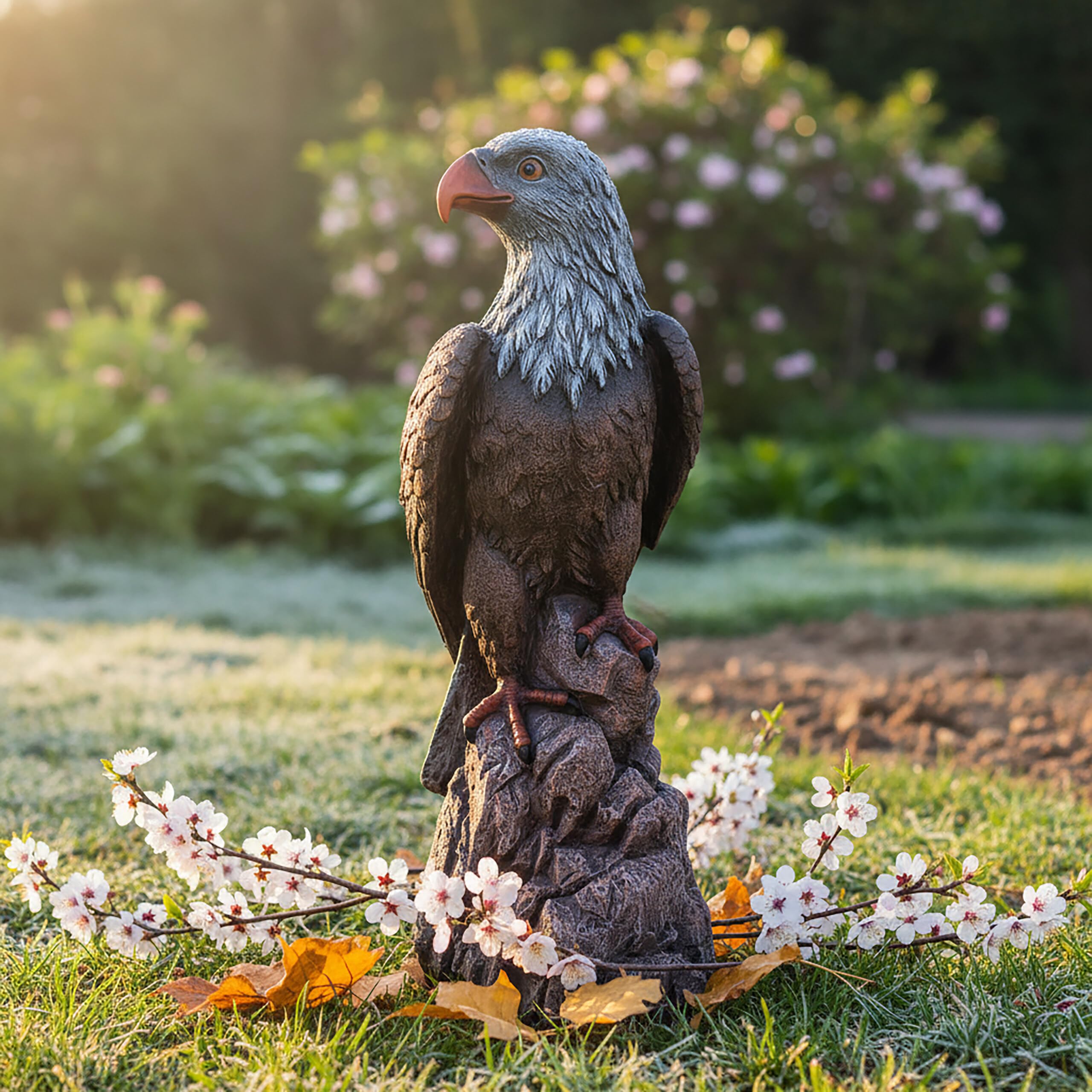 Relaxdays Adler Figur, sitzend, HxBxT: 66 x 30 x 36 cm, Polyresin, UV-beständig, wetterfeste Gartendeko, braun/grau