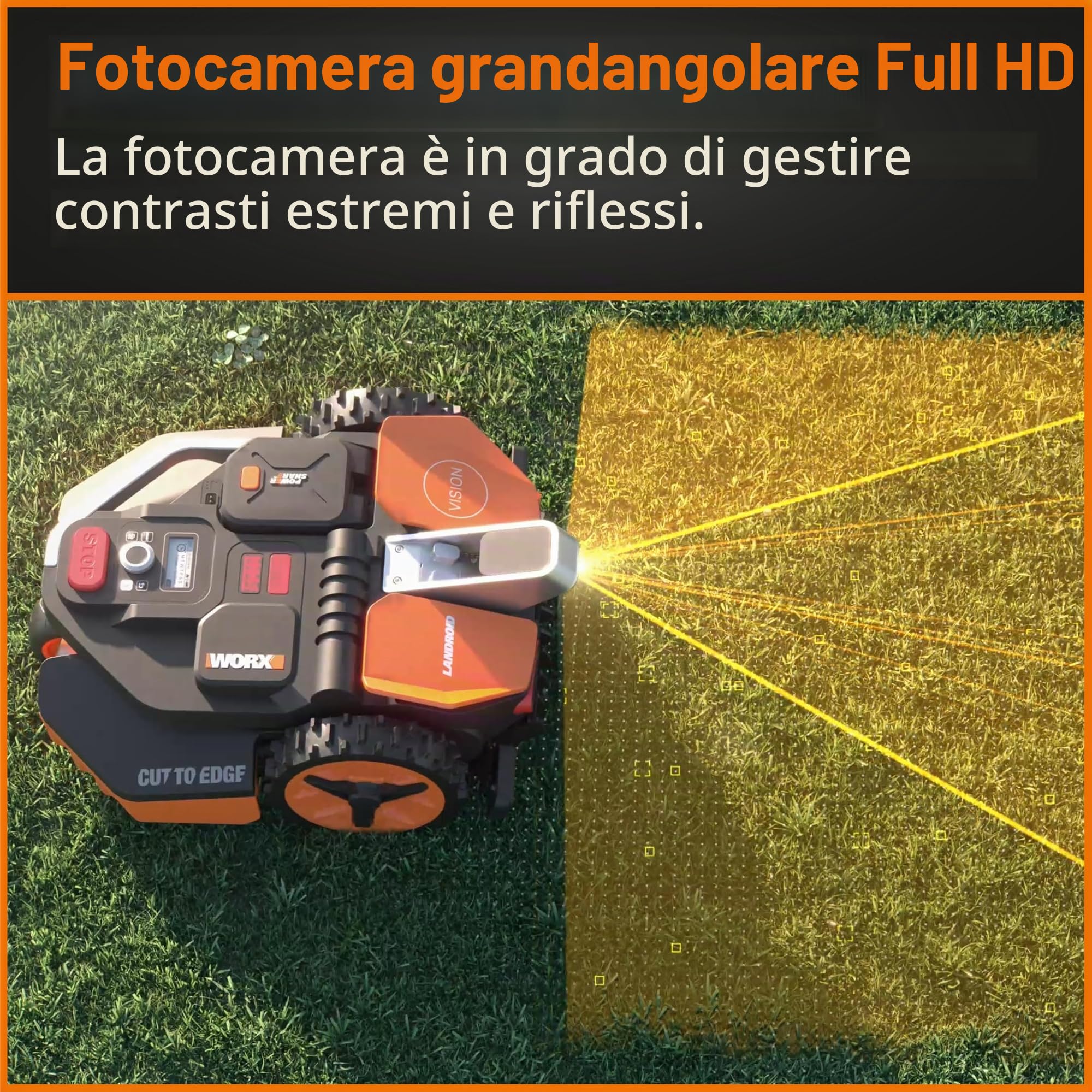 WORX WR206E Landroid - Tosaerba robotico 600 m² brevettato AIA falciatura multizona, ricarica automatica, batteria PowerShare 20 V, sensore pioggia, tecnologia Cut-to-Edge, controllo app, accessori