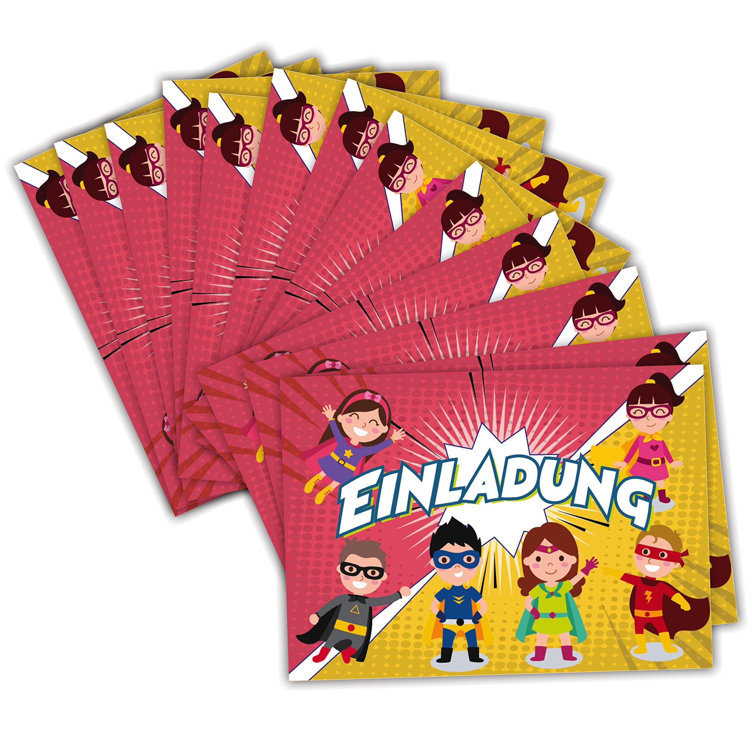 12 Superhelden Einladungskarten Kindergeburtstag | Mit Briefumschlägen | Jungs & Mädchen