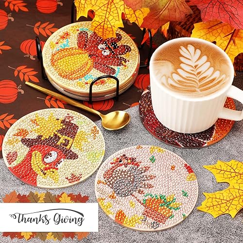 Miniatura 5 de UPINS 8 posavasos de arte de diamante de Acción de Gracias con soporte, kits de arte de pavo de diamante para adultos, niños, principiantes,