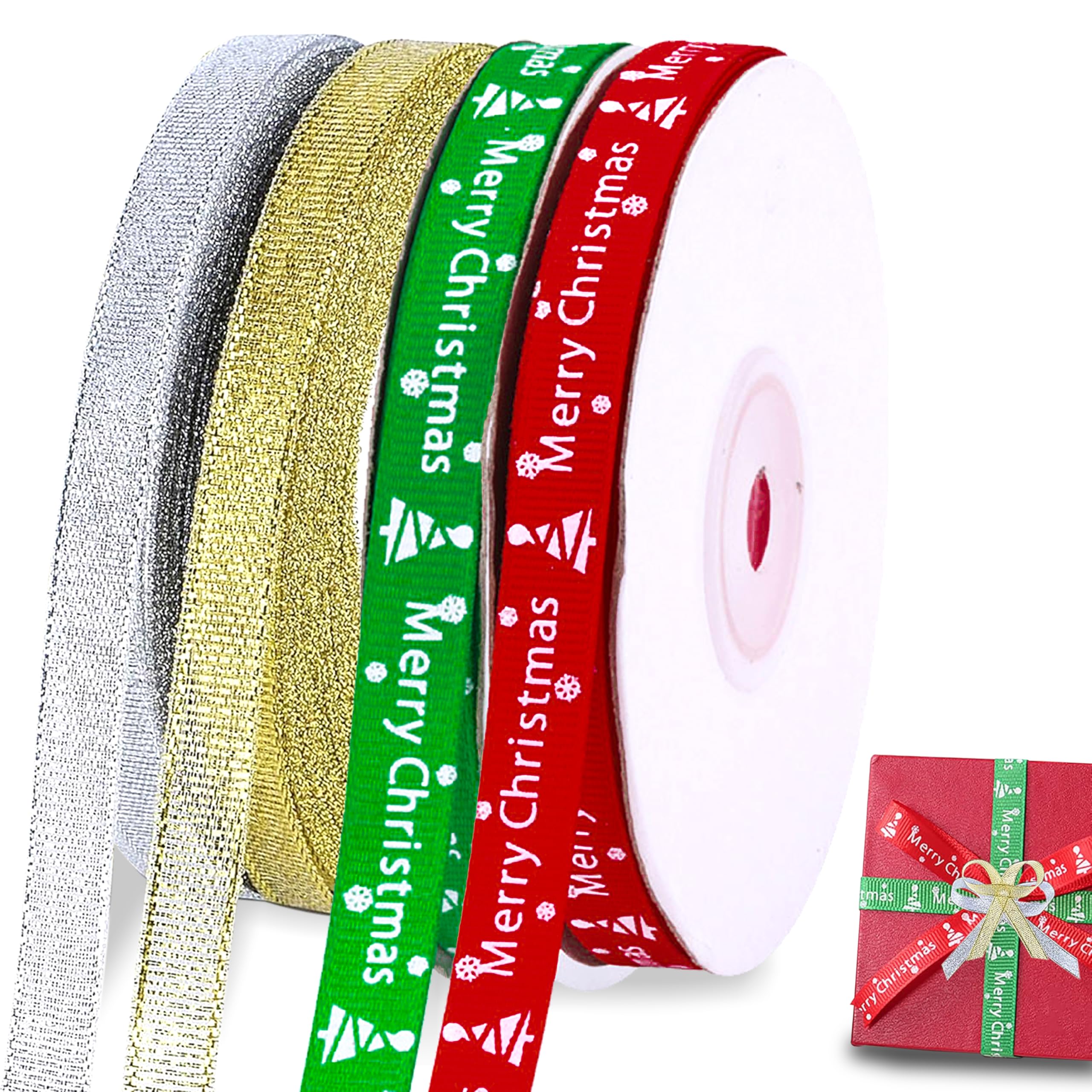 Christmas Ribbon for Gift Wrapping-Satin Ribbons Red, Green, Golden & Silver for Merry Christmas Gifts