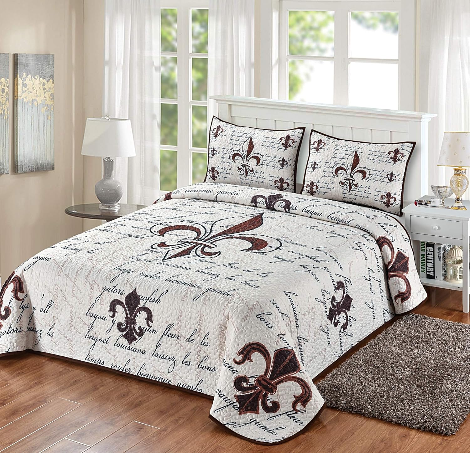Wowser Fleur De Lis Quilt Bedding Set with Blanket and Two Pillow Shams, Ivory Background with Louisiana Themed Writing (King Size)