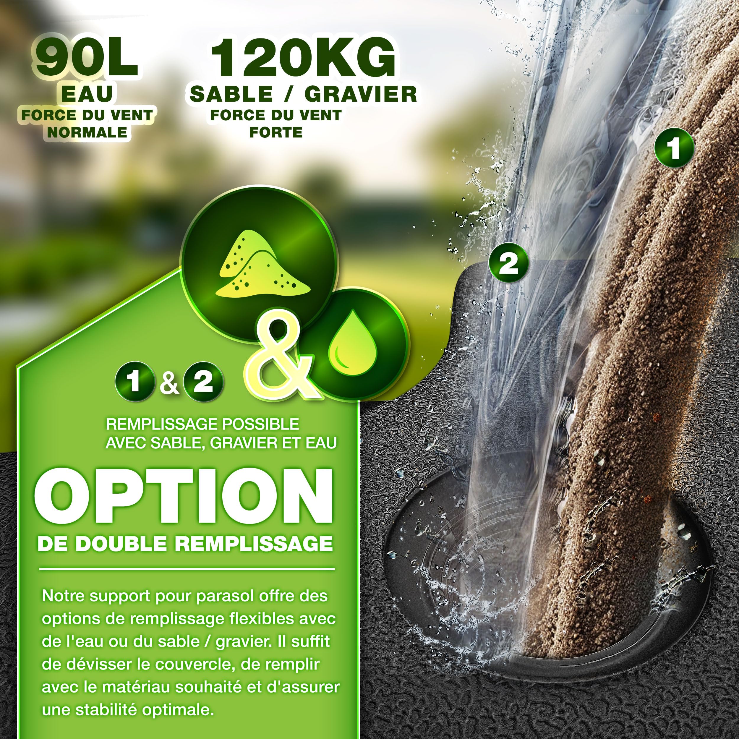 tillvex® Lestage & Dalles Carrées pour Parasol Déporté – Pied de Parasol 90 litres / 120 kg, 4 Pièces avec Connecteur Métallique | Base Remplissable avec Eau ou Sable | Support de Parasol (Noir)