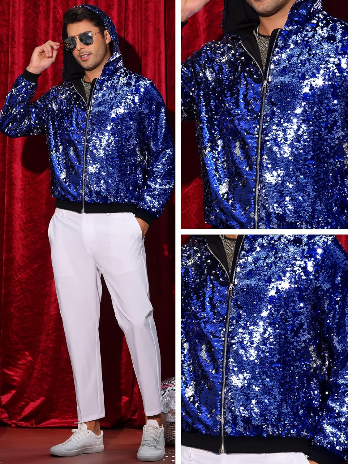 Lars Amadeus Sequins Jacket for Men's Long Sleeves Zip Up Flip-Sequin Sparkle Metallic Hoodie Jackets - Image 5