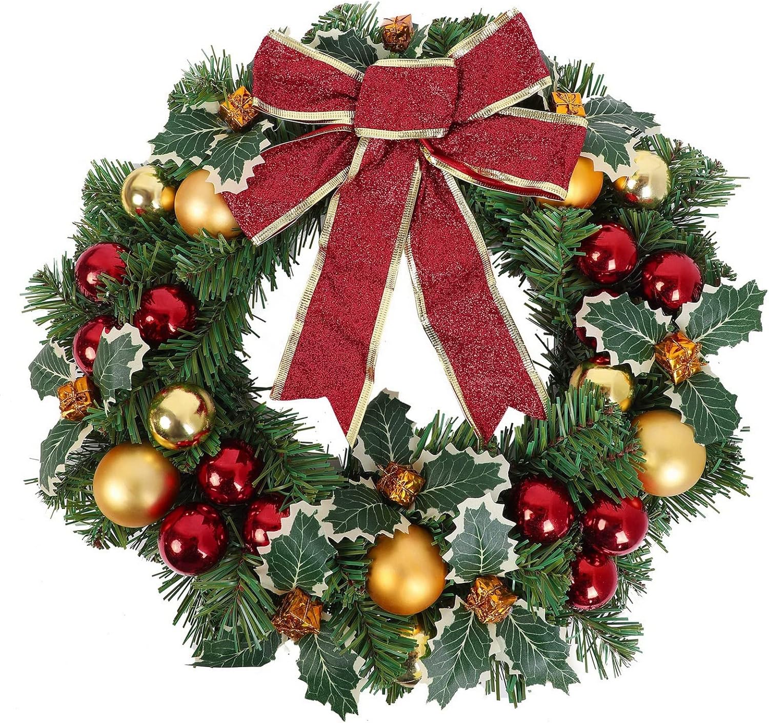 Christmas Wreath for Front Door, Heflashor 17'' Xmas Wreath with Bow Knot Red Gold Bell, Artificial Wintry Door Wreath Hanging PVC Winter Small Garlands Wreaths for Indoor Outdoor Xmas Home Décor