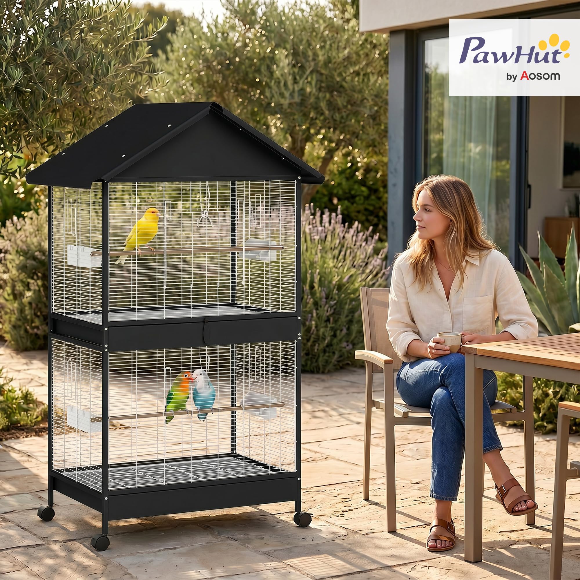 PawHut Vogelvoliere Groß Vogelkäfig mit Abnehmbar Trennwand 2 Türen 2 Holzstangen Rollen 2 Schalen 4 Futterspendern Vogelhaus XXL Vogelbauer für Wellensittiche Nymphensittiche Kanarien 94 x 70 x 158cm