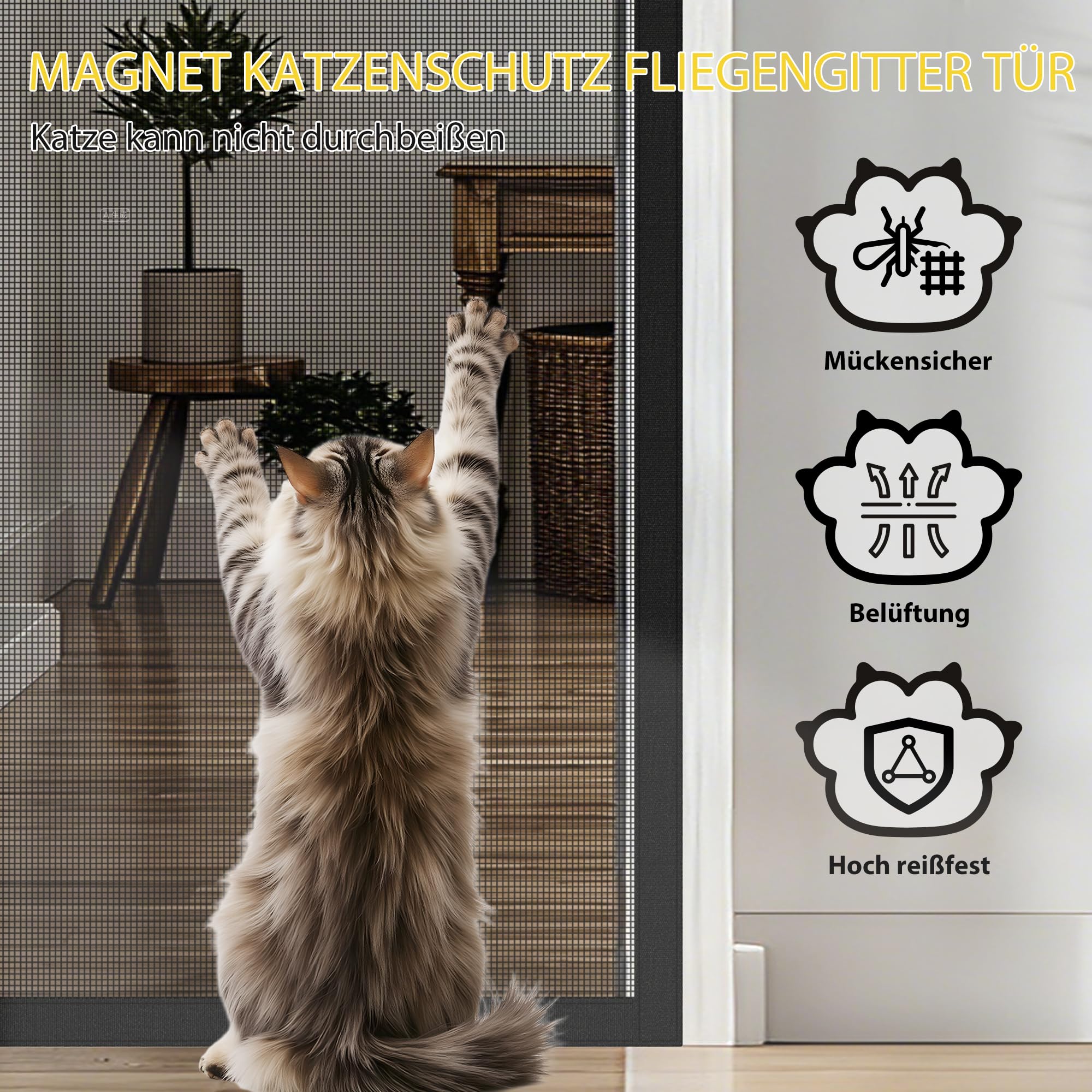 fowong Magnet Fliegengitter Balkontür bis 5 Jahre – Extra dickes 250 g/m² Haustier-Gewebe, kratzfestes Spezialgewebe für Haustiere – Ideal für Terrassentür & Schiebetür Schwarz, 70x210cm