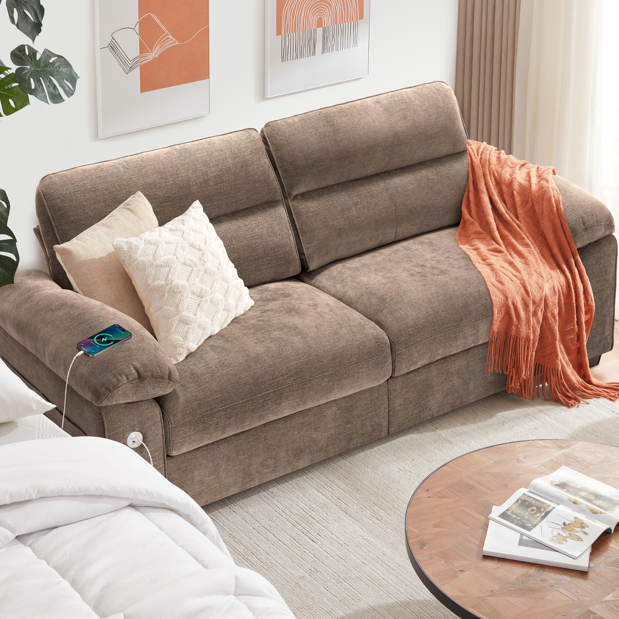 Ihanherry 90.5" Modern Sofa 2-Seater Couch for Living Room, Chenille Pillow-Armrest with Extra Large Seat Width, USB/Type-C Charging Port & Side Pocket, Removable Medium Firm Cushion(Brown)