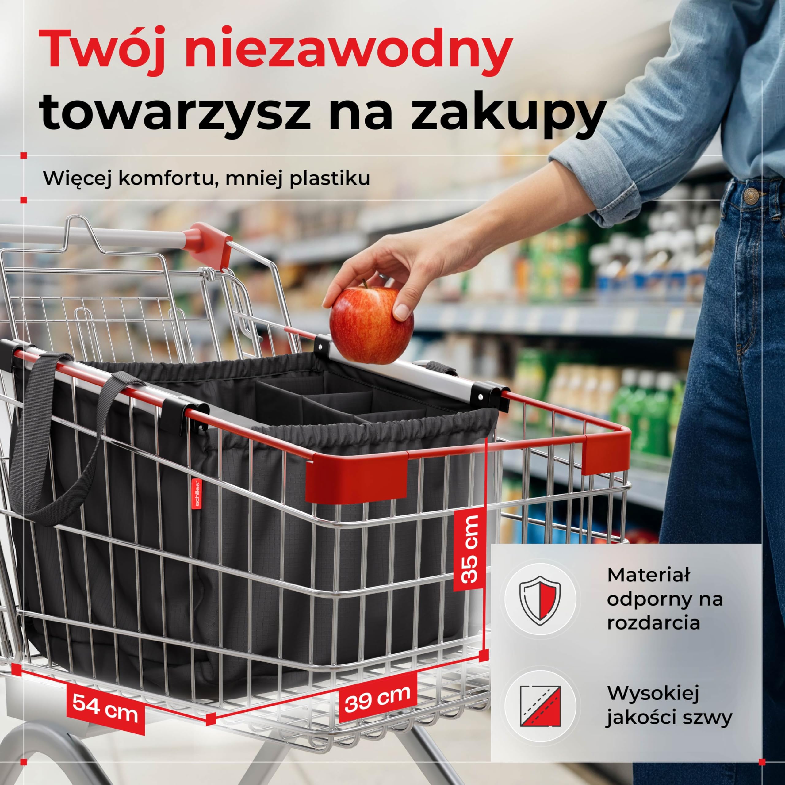achilles Aluminiowa torba na zakupy, składana, kompatybilna ze wszystkimi popularnymi wózkami na zakupy, 33 x 50 x 38 cm