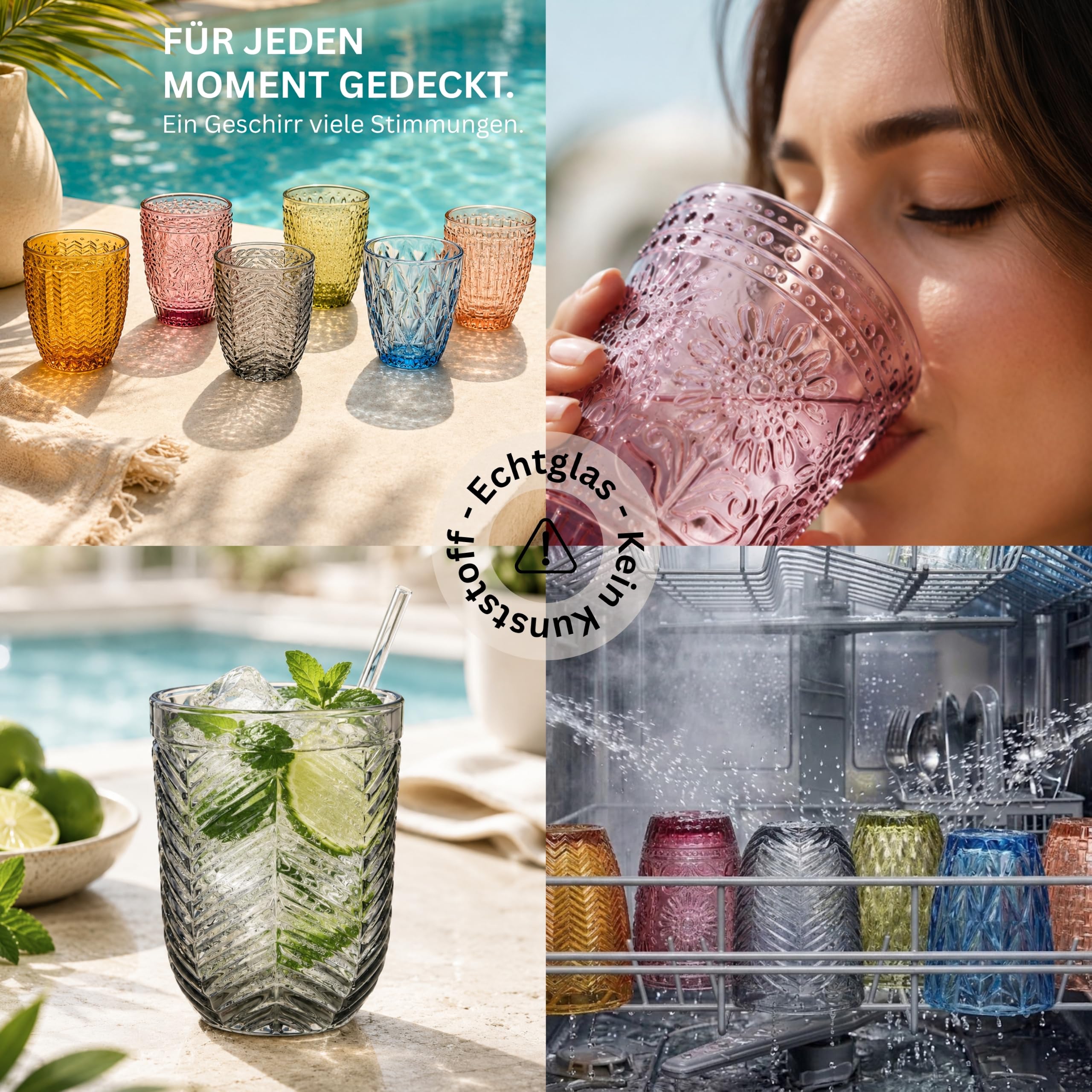 Sänger Trinkgläser Set Porto 6 teiliges Gläser Set für 6 Personen aus Glas, Wasserglas, Mehrfarbig, einzigartiger Schliff, Alltag, Familienessen, Büro, Outdoor Saftgläser Set | 310 ml
