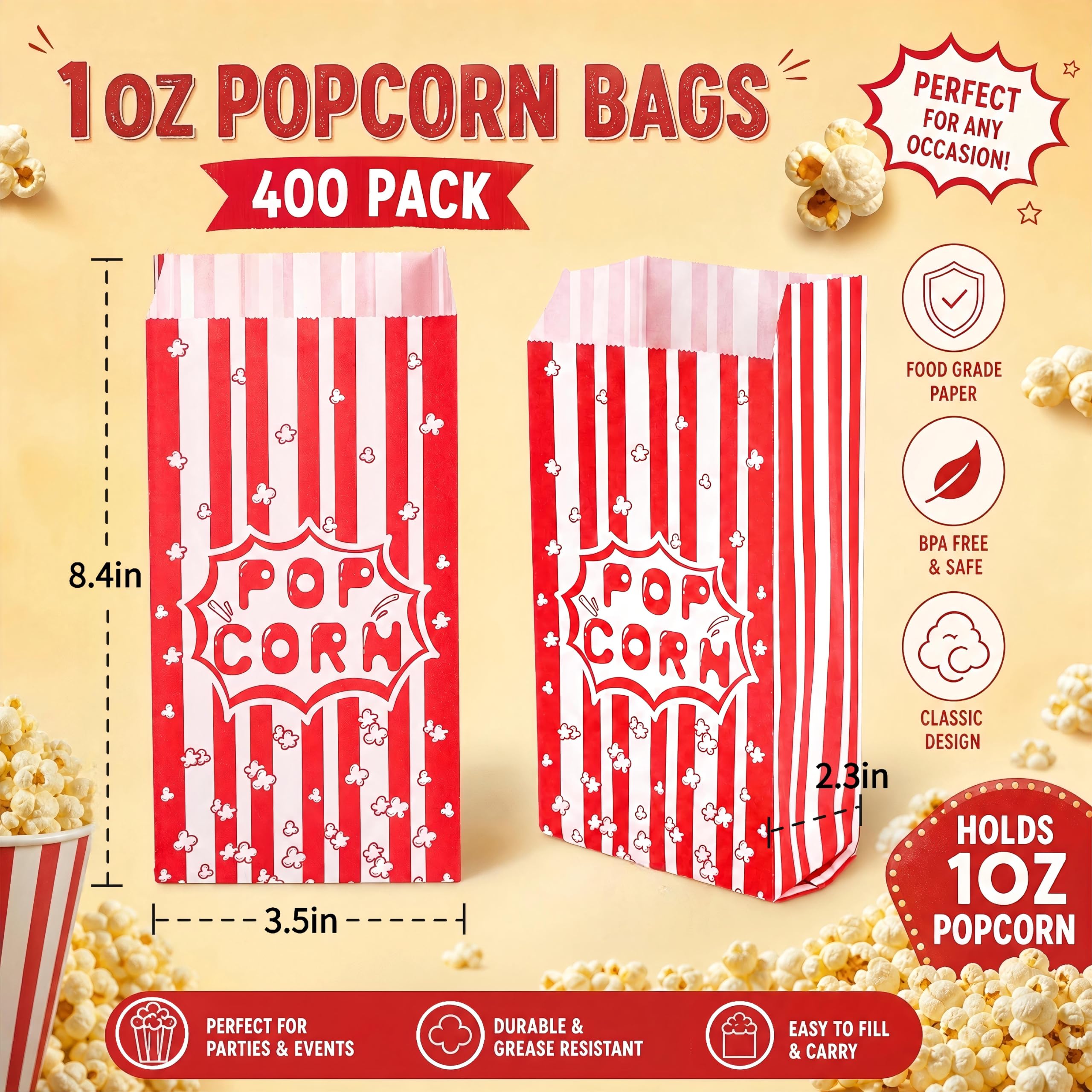 400 Stück kleine Popcorn-Tüten, 28 ml, Papier-Popcorn-Tüten für Popcorn-Maschine, fettdichte Popcorn-Behälter, Becher für individuelle Portionen, Party, Filmabend