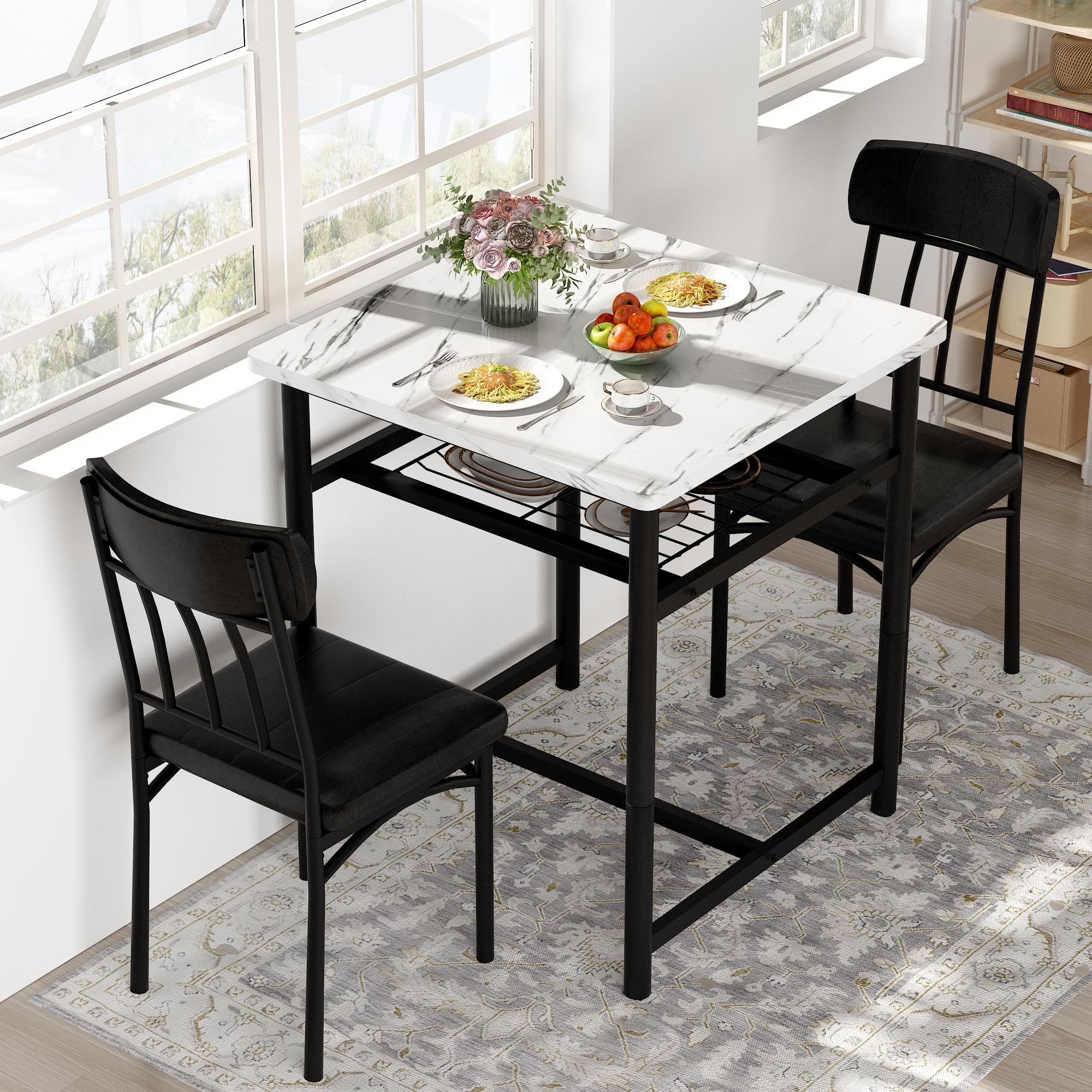 AWQM Square Dining Table Set for 2 Faux Marble Compact Bistro Table with Upholstered Chairs Space Saving Kitchen