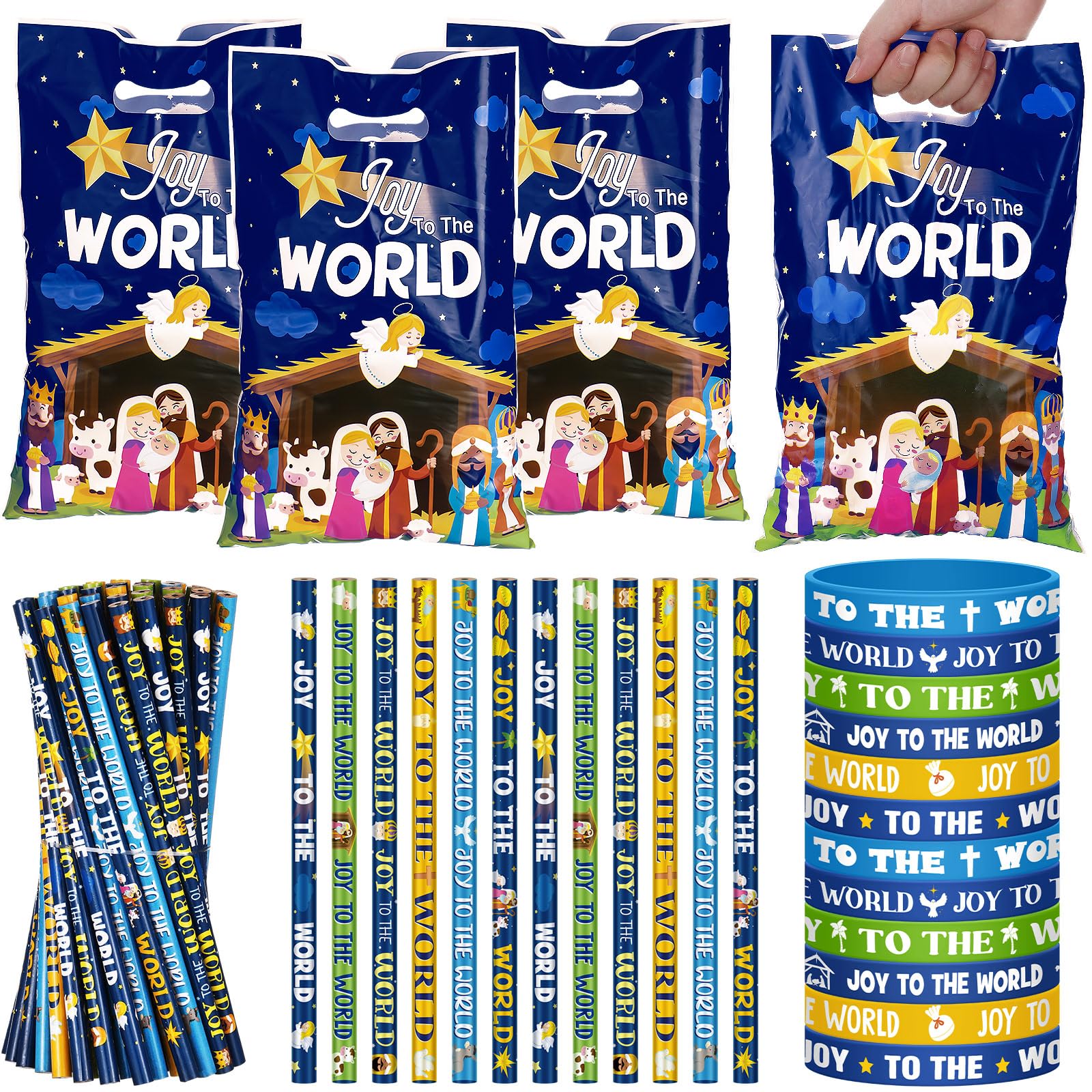 Ireer 180 Pcs/ 60 Sets JOY TO THE WORLD Party Favors, 60 Christmas Nativity Scene Goody Bags 60 Christian Jesus Pencils 60 Religious Bible Verse Rubber Wristband for Church Sunday School Supplies