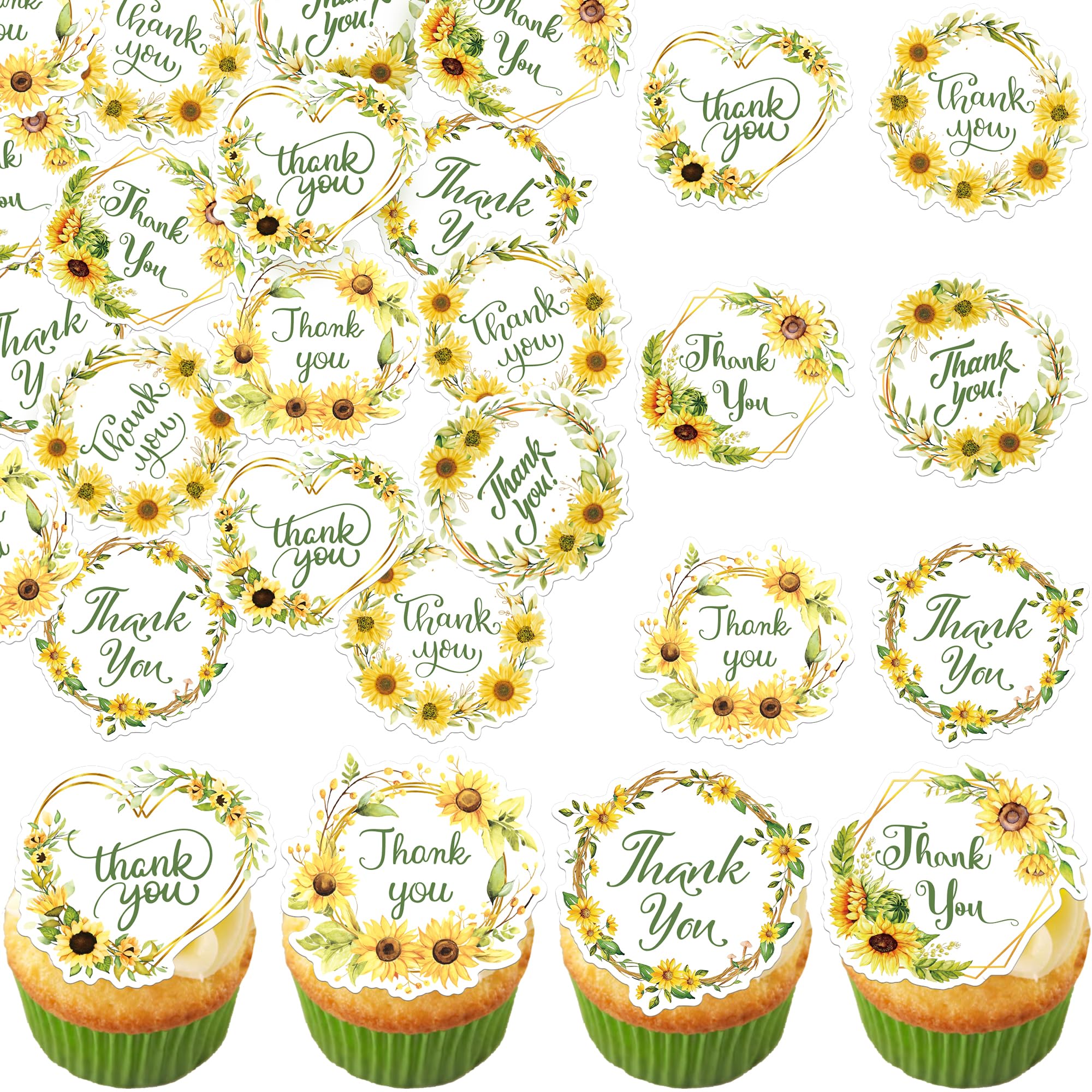 SYKYCTCY 60 Pack Edible Thank You Cupcake Toppers with Sunflower Wafer Paper Floral Thank You Cupcake Picks for Birthday Anniversary Thanksgiving Day Wedding Bridal Party Cake Decoration Supplies
