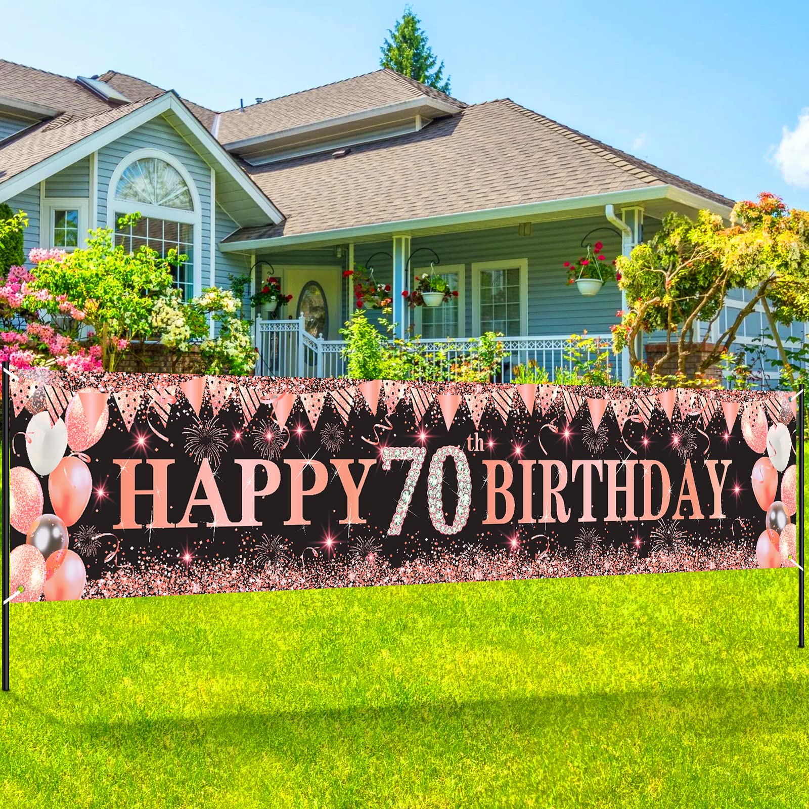 RUMIA 70th Birthday Decorations for Women, Large Black Rose Gold Happy 70th Birthday Yard Banner for Women Men, 70 Years Old Party Supplies