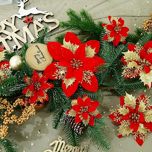 Miniatura 88 de GREENTIME 12 flores de Pascua artificiales azules con purpurina de 5.5 pulgadas, flores de Navidad con clips, tallos de Navidad, adornos para árbol