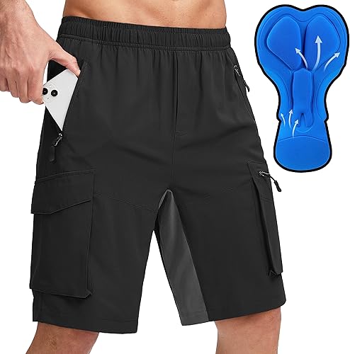 Bikewa Pantalones cortos de ciclismo de montaña para hombre, con acolchado 3D, ajuste holgado, con bolsillos con cremallera
