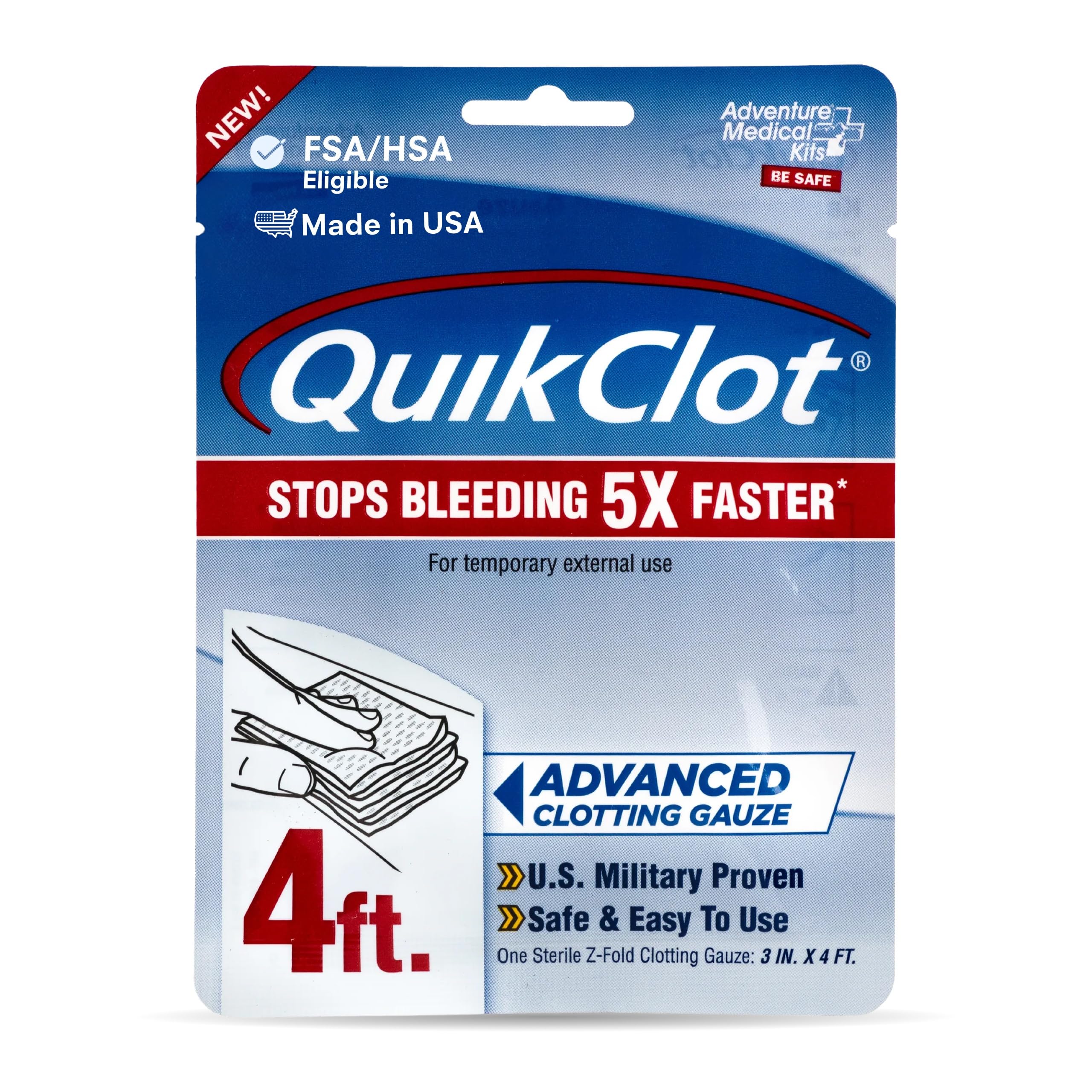 Adventure Medical Kits QuikClot Advanced Clotting Gauze - Stops Bleeding Up to 5X Faster Than Standard Gauze - Kaolin Hemostatic Dressing - for First Aid Kits & Survival Gear - 3 x 48