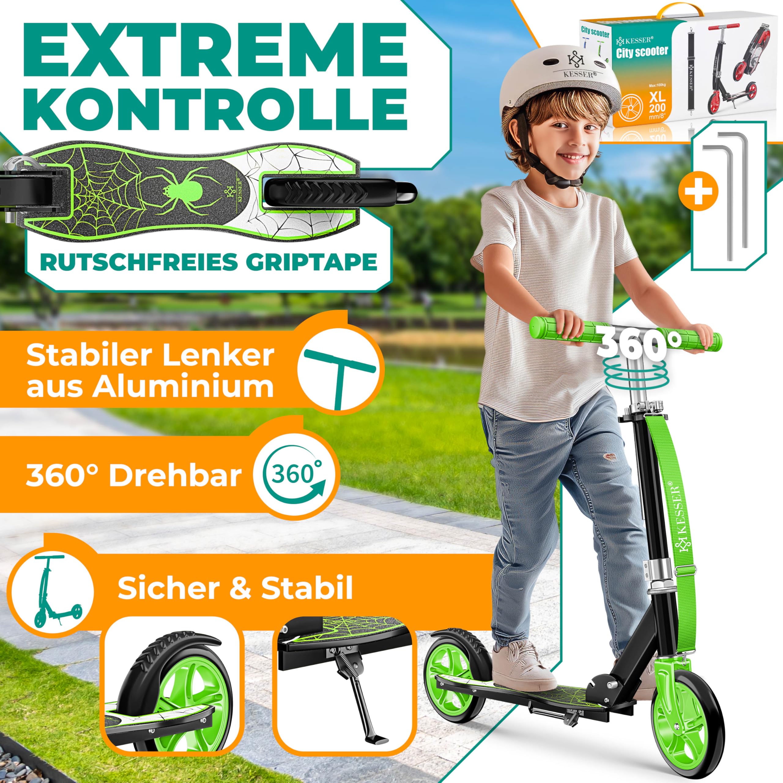 KESSER® City Scooter per Bambini, Monopattino Pieghevole Regolabile in Altezza, Scooter fino a 100 kg, Freno alla Ruota Posteriore, fino a 190 cm di Altezza, Cinghia di Trasporto inclusa