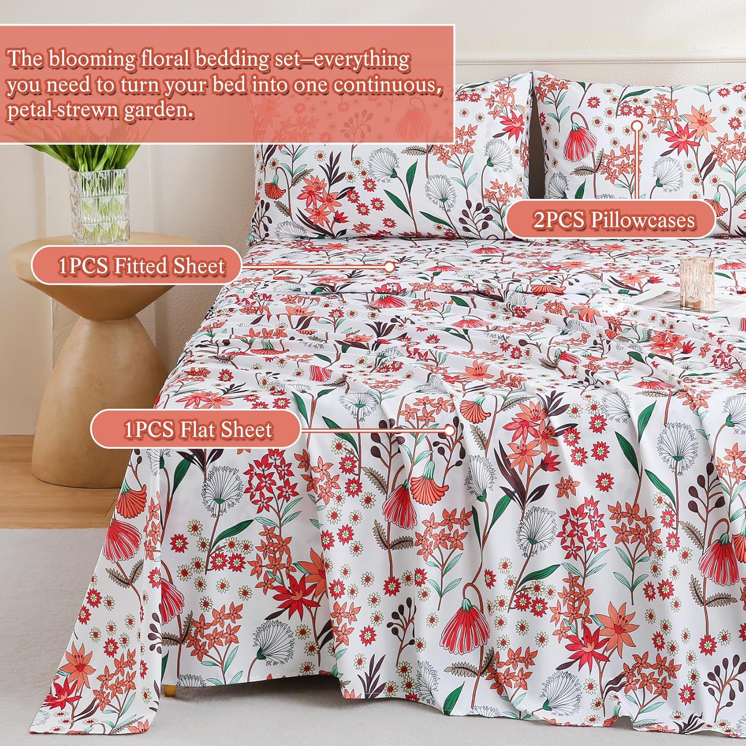 Fashion Flower Sheet Set King Size 4 Pieces Floral Bedding and Pillowcases 15 inch Deep Pocket Fitted Sheets Soft Breathable Bed Sets Woman Adults Decor Bedroom