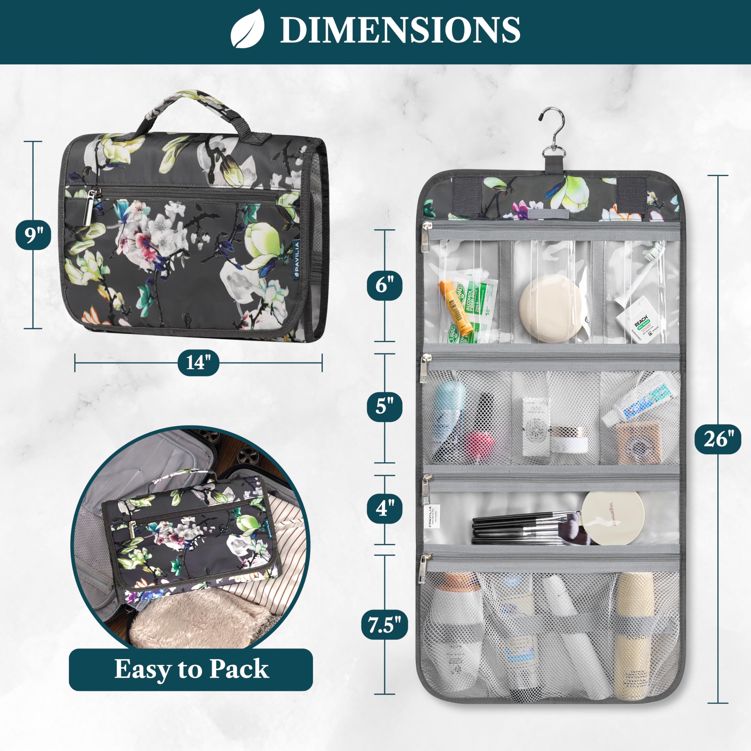 PAVILIA Borsa da toilette da appendere per donne uomini, borsa da toeletta pieghevole da viaggio, borsa da toilette per cosmetici, organizer per trucco resistente all'acqua (floreale grigio)