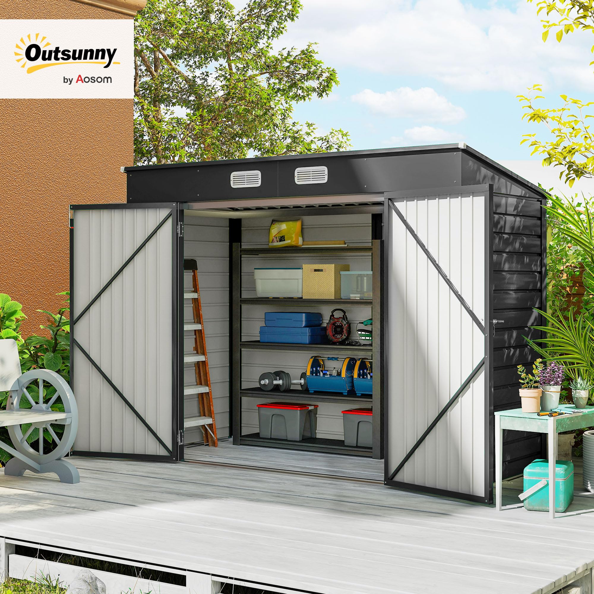 Outsunny Capanno Porta Attrezzi con 2 Prese d'Aria e Chiavistello, Casetta da Giardino in Acciaio Zincato, 249x121x183 cm, Grigio