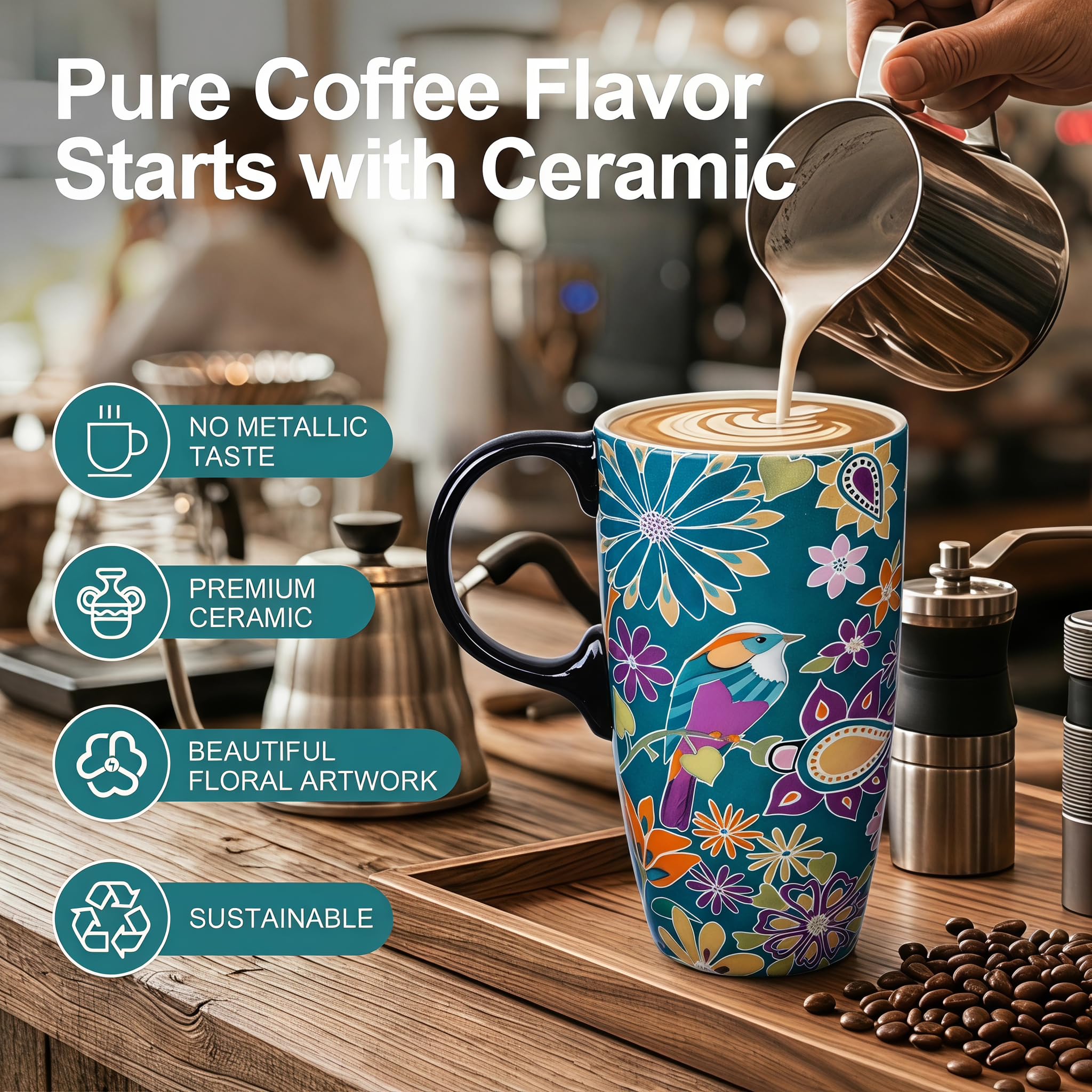 CEDAR HOME ceramiczny kubek do kawy porcelanowy latte filiżanka do herbaty z pokrywką 470 ml kwiatowa symfonia, turkusowy