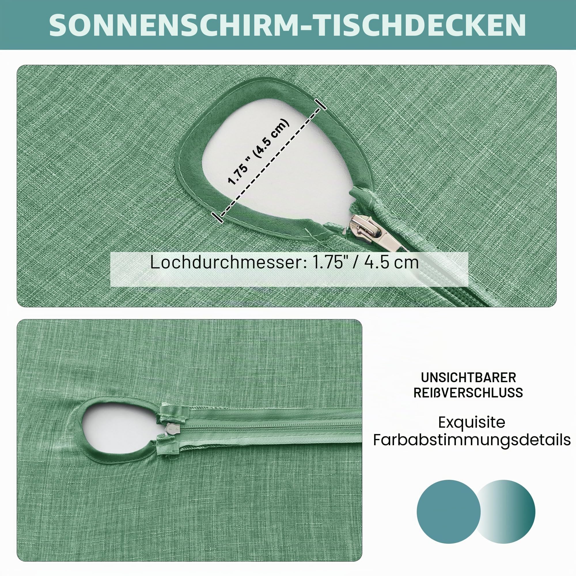 LUSHVIDA Outdoor-Tischdecke mit Schirmloch, Terrassentischdecke mit Reißverschluss, rechteckig, 152,4 x 213,3 cm, salbeigrün, Kunstleinen, Tischdecke, wasserabweisend, für Picknick im Freien