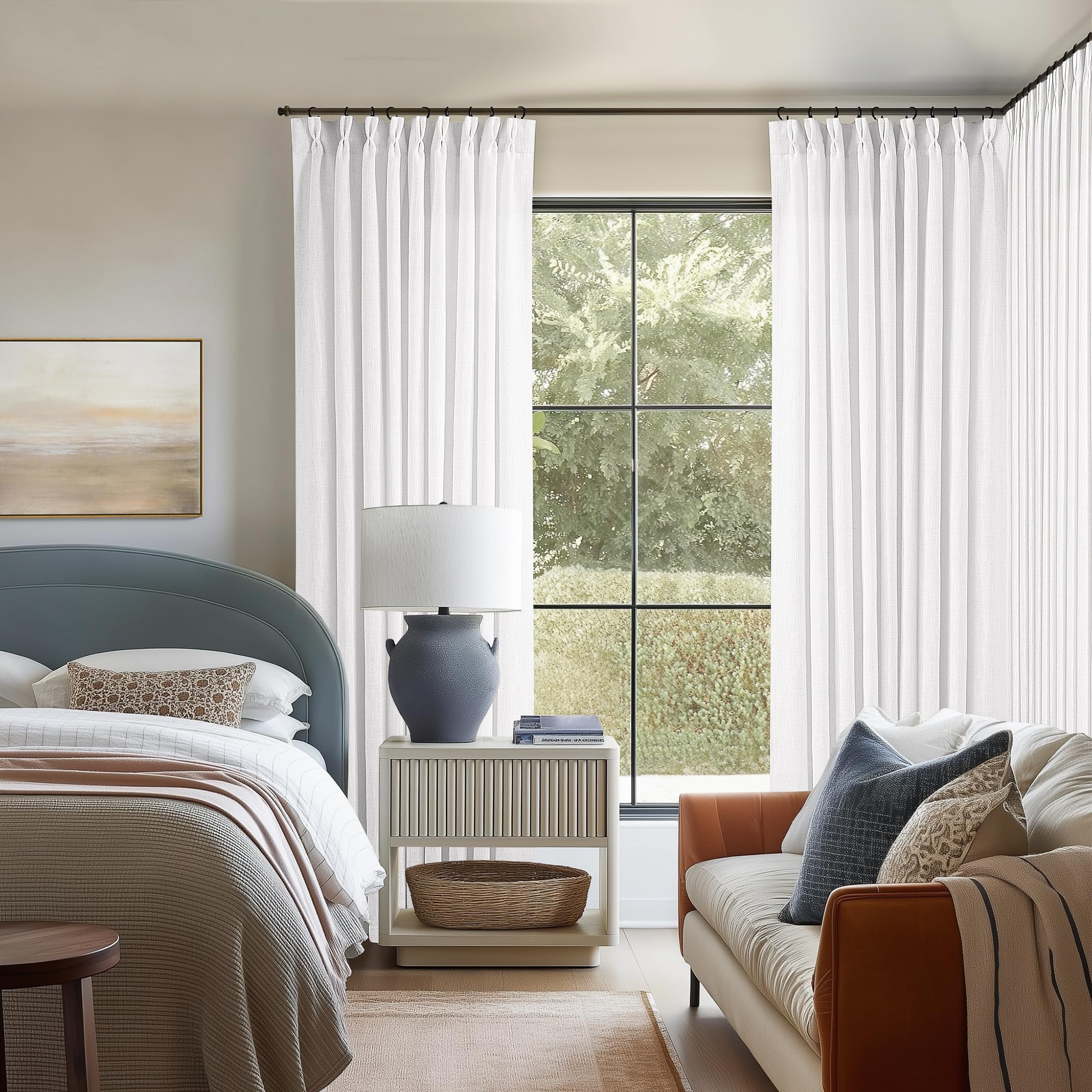 Snow White Pinch Pleated Linen Curtains 1 Panel for Living Room Bedroom Memory Training Shaped Semi Sheer Pleat Drapes with Hooks Rings Light