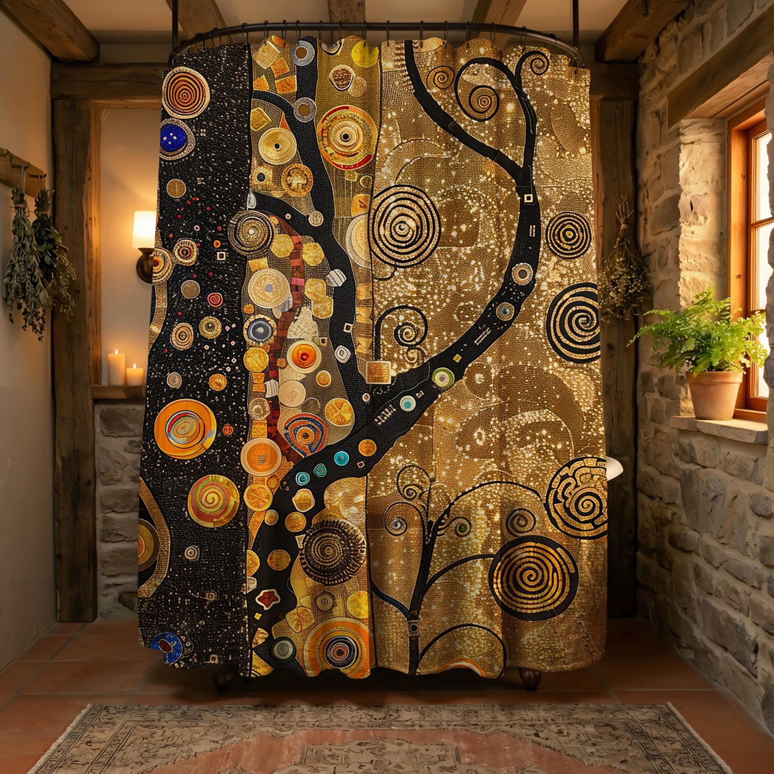 Klimt-inspirierter Duschvorhang mit goldenen Baumspiralen, Badezimmervorhang/Badewannendekoration mit Haken (230 x 175 cm / 91 x 69 Zoll (B x H))
