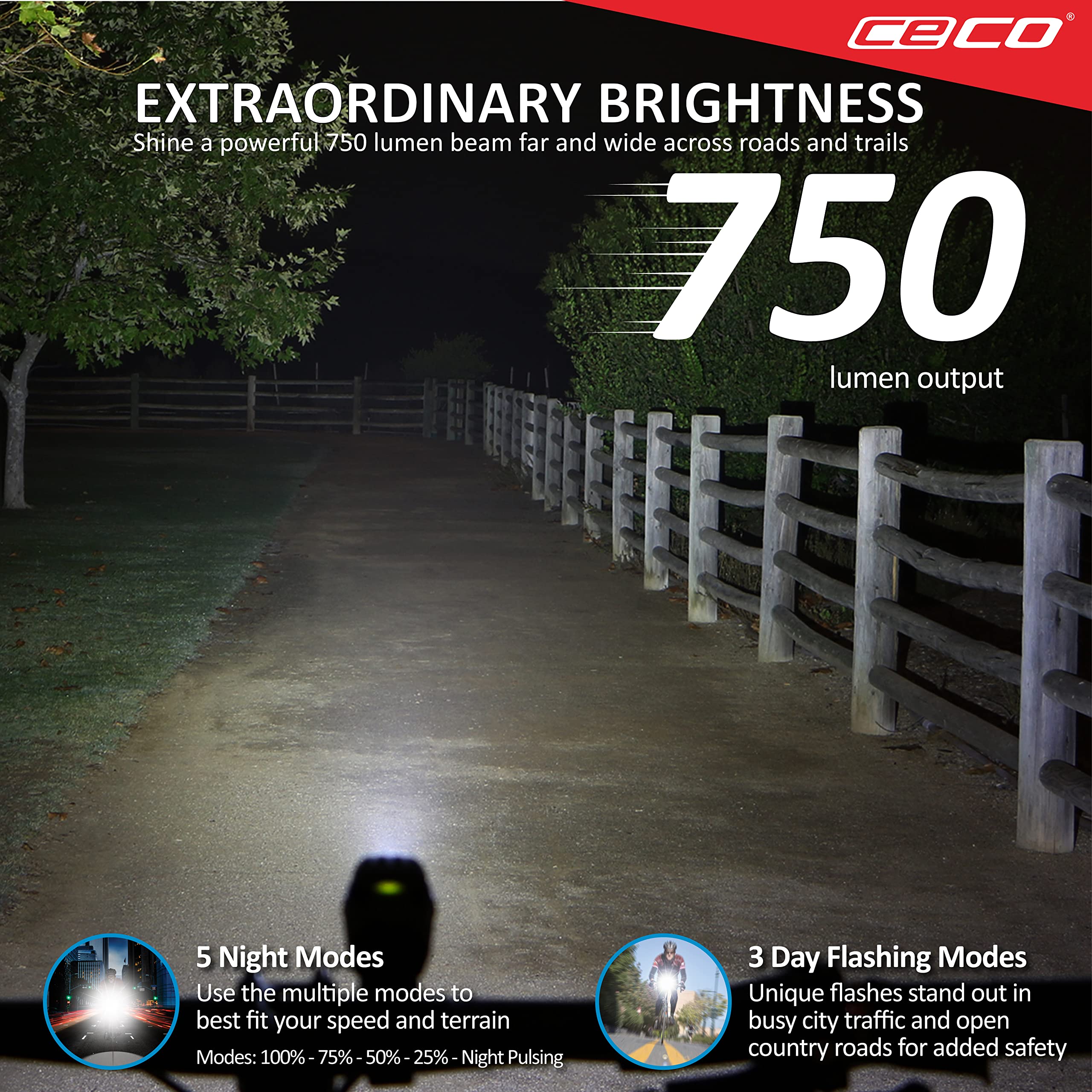 CECO - USA : 750 lumens phare et feu arrière 100 lumens combo pack pour cyclistes qui veulent voir loin et être vus de loin. Le plus lumineux jeu de feux de vélo rechargeable par USB disponible pour