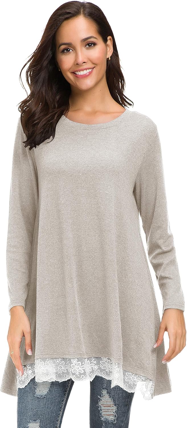Afibi Women Lace Long Sleeve A-line Swing T-Shirt Loose Tunic Top Blouse - Image 7
