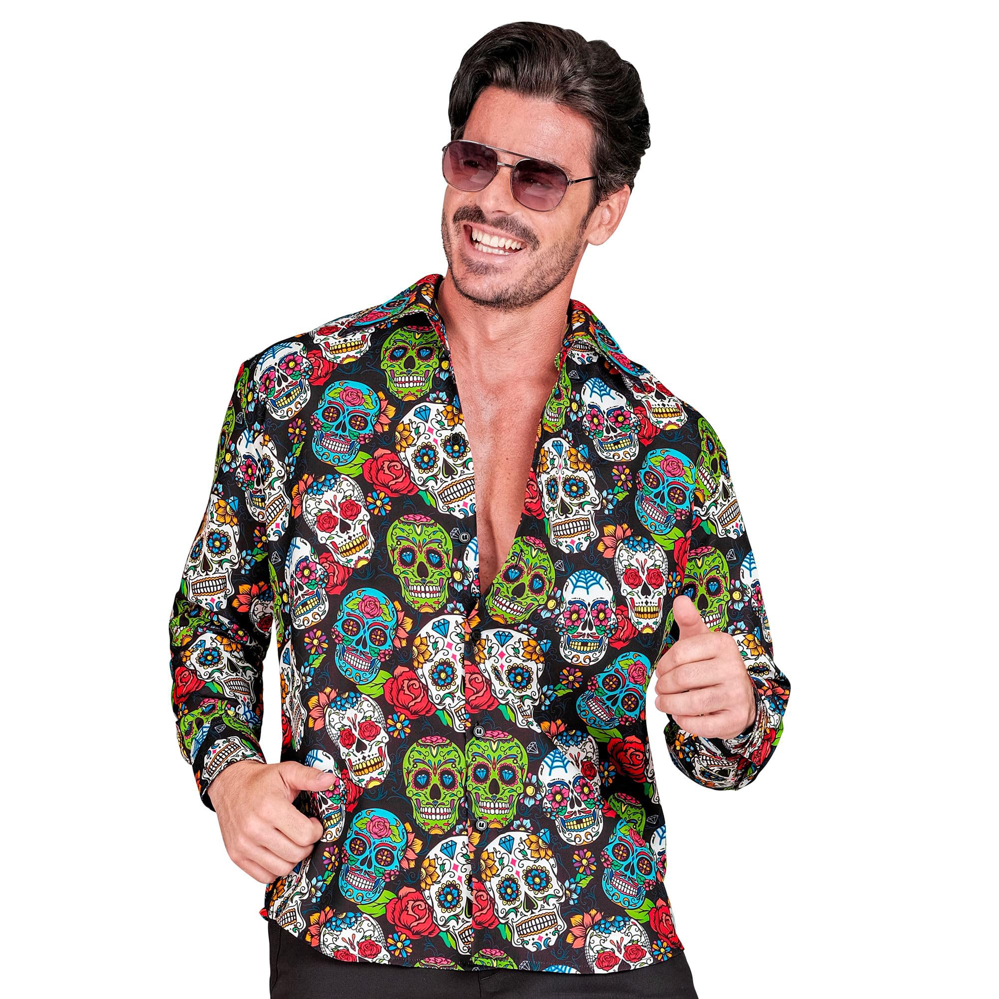 Widmann 31036 Dia de Los Muertos Shirt, Black with Skulls, Mexico, Day of  The Dead, Halloween Fancy Dress, Multicoloured, L-XL  BigaMart