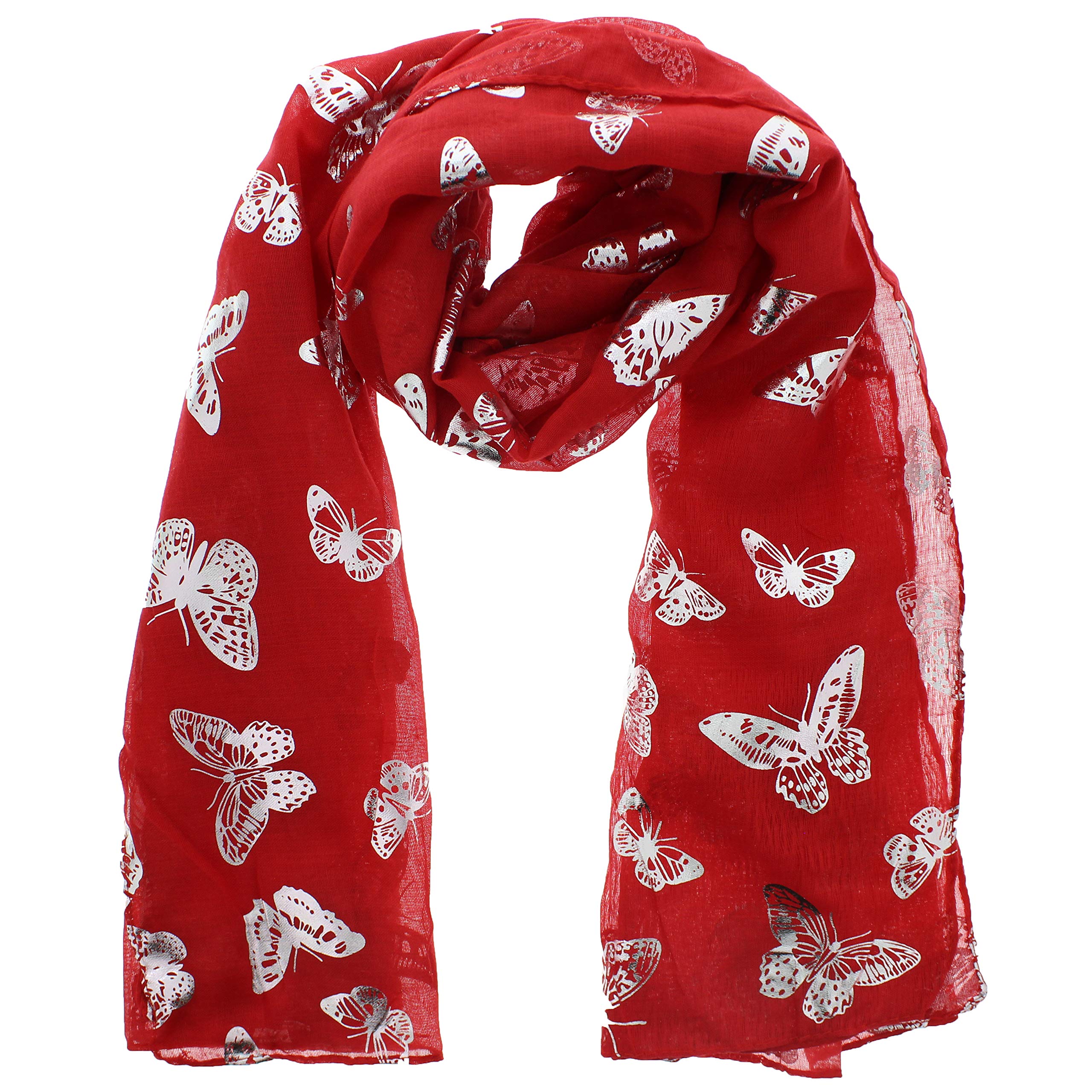 Zac's Alter Ego Women's Red Scarf With Silver Foil Metallic Glitter Butterfly Print