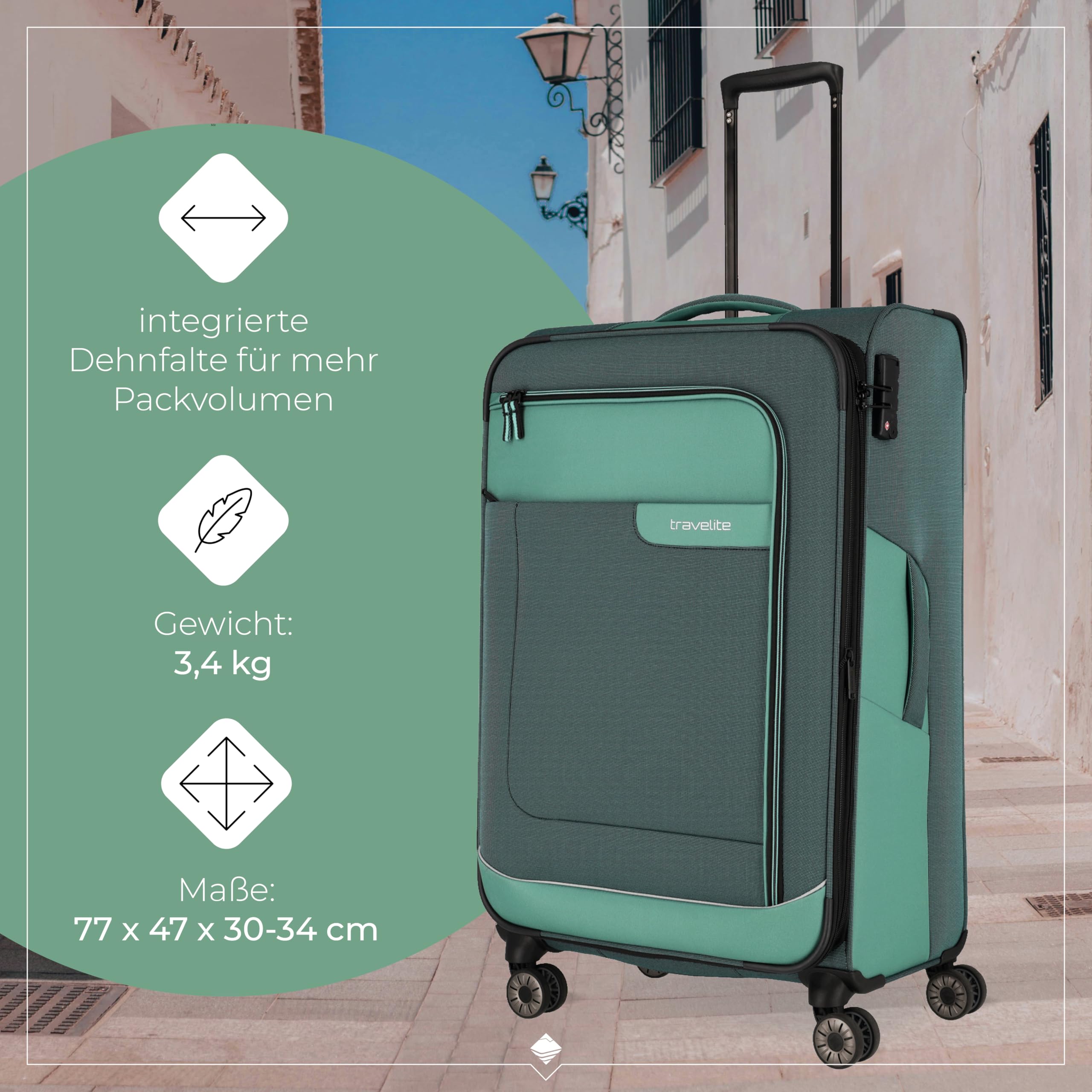 Travelite 4-Rad Koffer Größe L Weichschale aus recyceltem Material, Trolley 77 cm 91-103 Liter