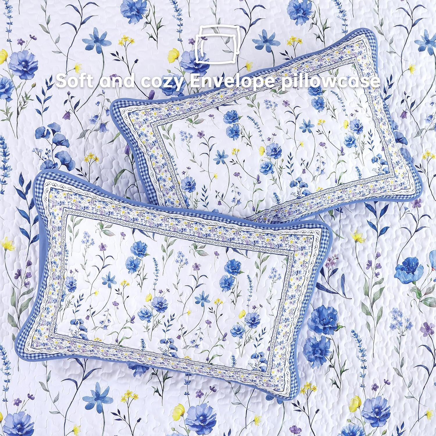 WONGS BEDDING Floral Quilt Set Queen, 3 Pieces Blue Bedspreads Coverlet Set, Garden Style Floral Printed Quilted Bedding Set, Lightweight Farmhouse Spring Summer Beds Coverlet for All Season(96"x90")