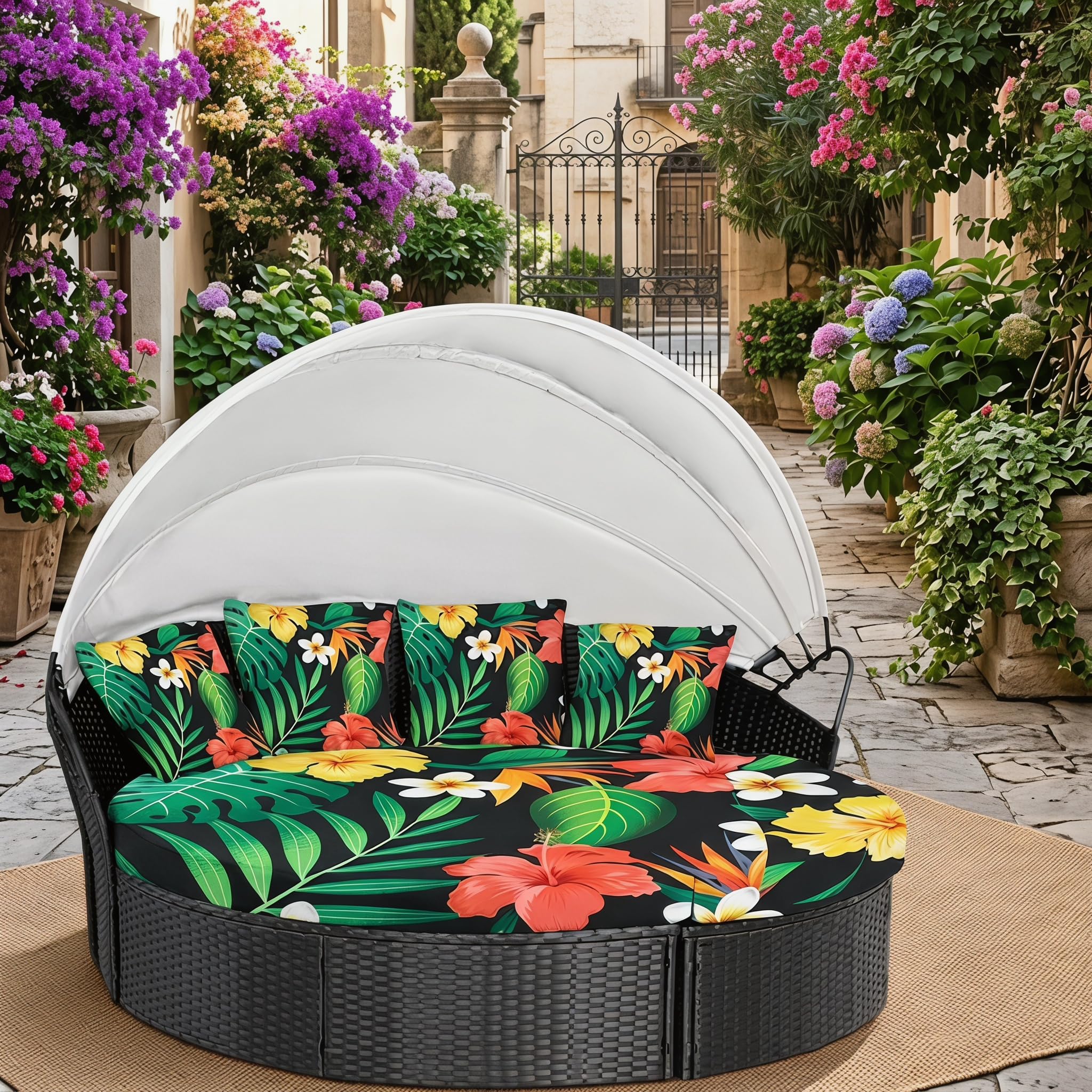 LiveGo Outdoor Daybed Cushion Cover, 66" Replacement Daybed Cover with Elastic Band, Sun Bed Cushion Cover, Outdoor Round Bed Cushion Covers (Flower C, 4 Quarters Round Covers + 3 Pillow Covers) — image 1